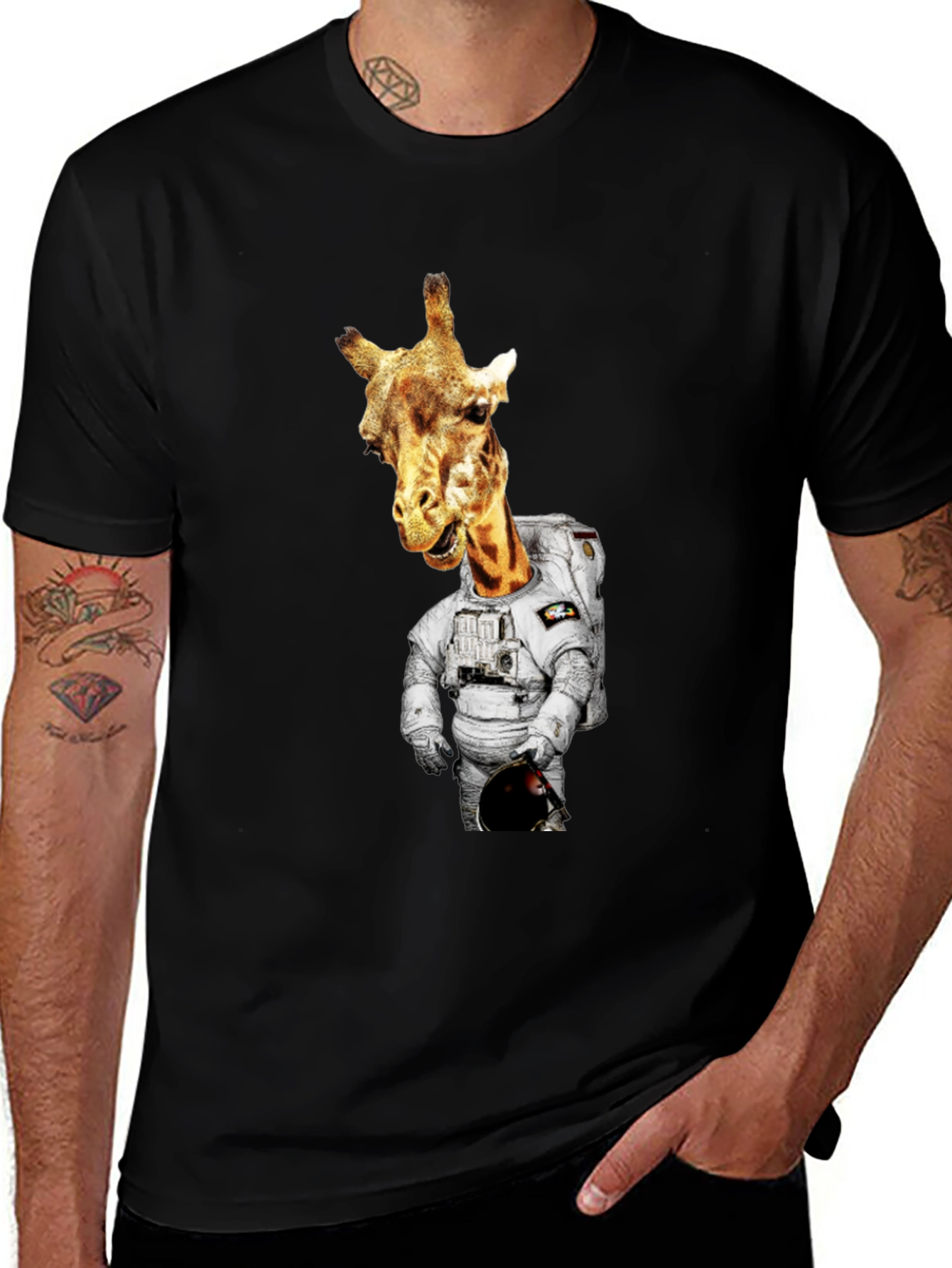 Variant 2 of Giraffe Astronaut Graphic Tee - Men's Black T-Shirt