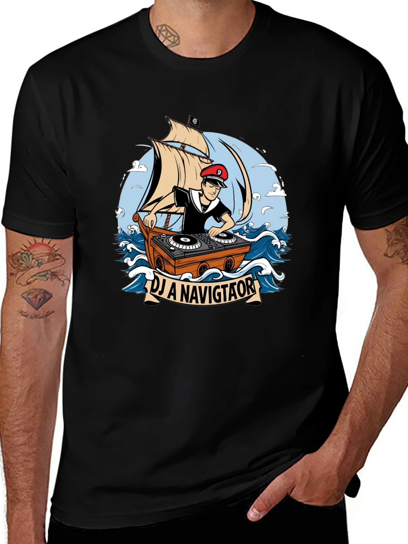 Variant 19 of DJ Navigator T-Shirt - Boat & Turntable Graphic Tee