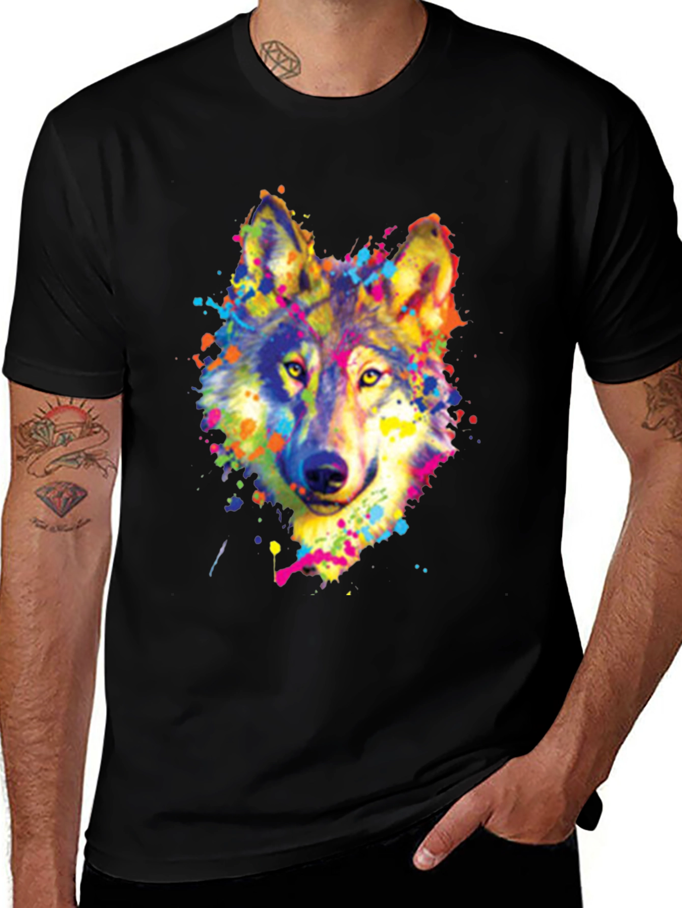 Variant 3 of Vivid Watercolor Wolf Graphic Tee - Black