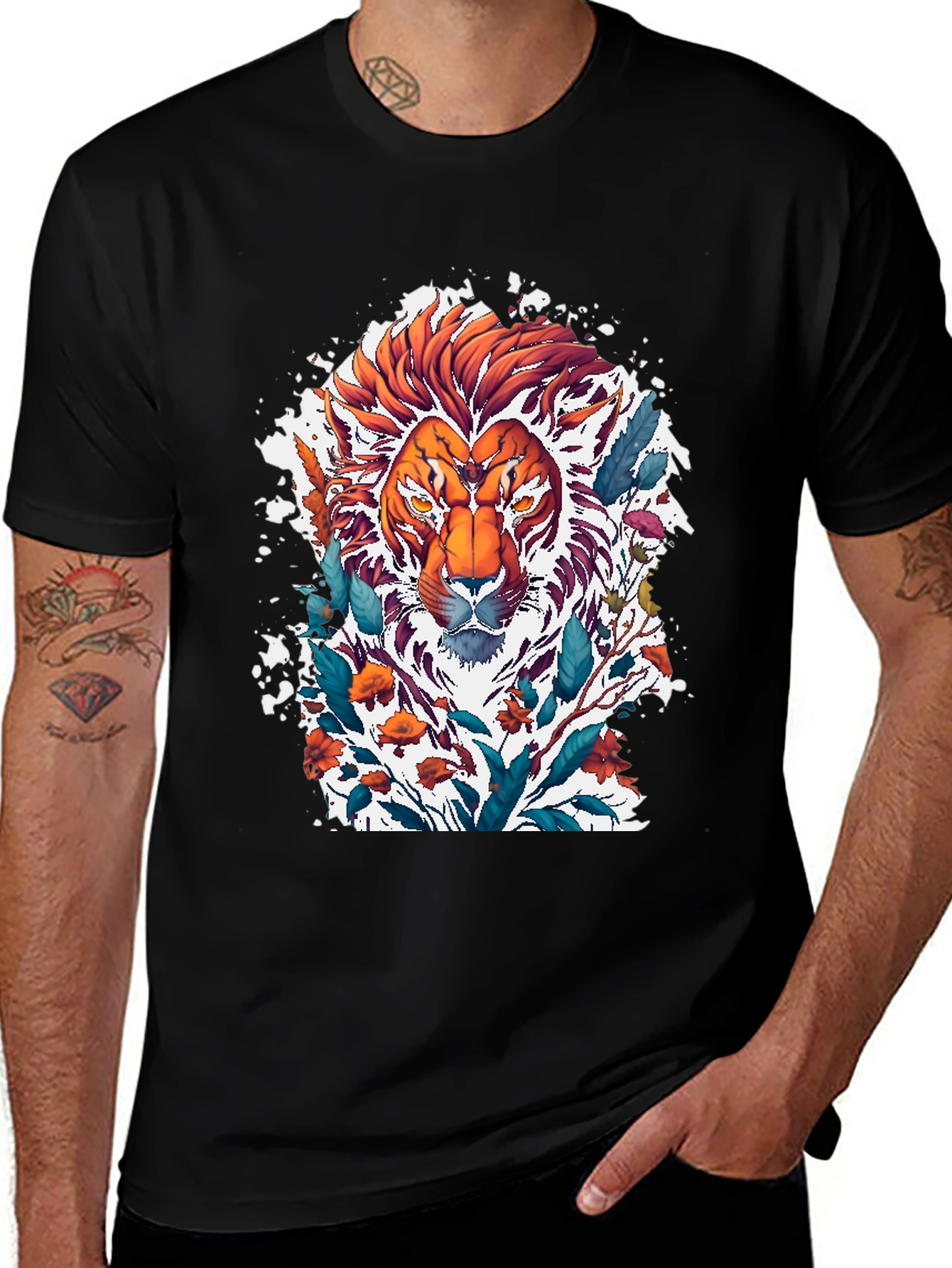 Variant 12 of Lion Floral Graphic Tee - Artistic Men's T-Shirt