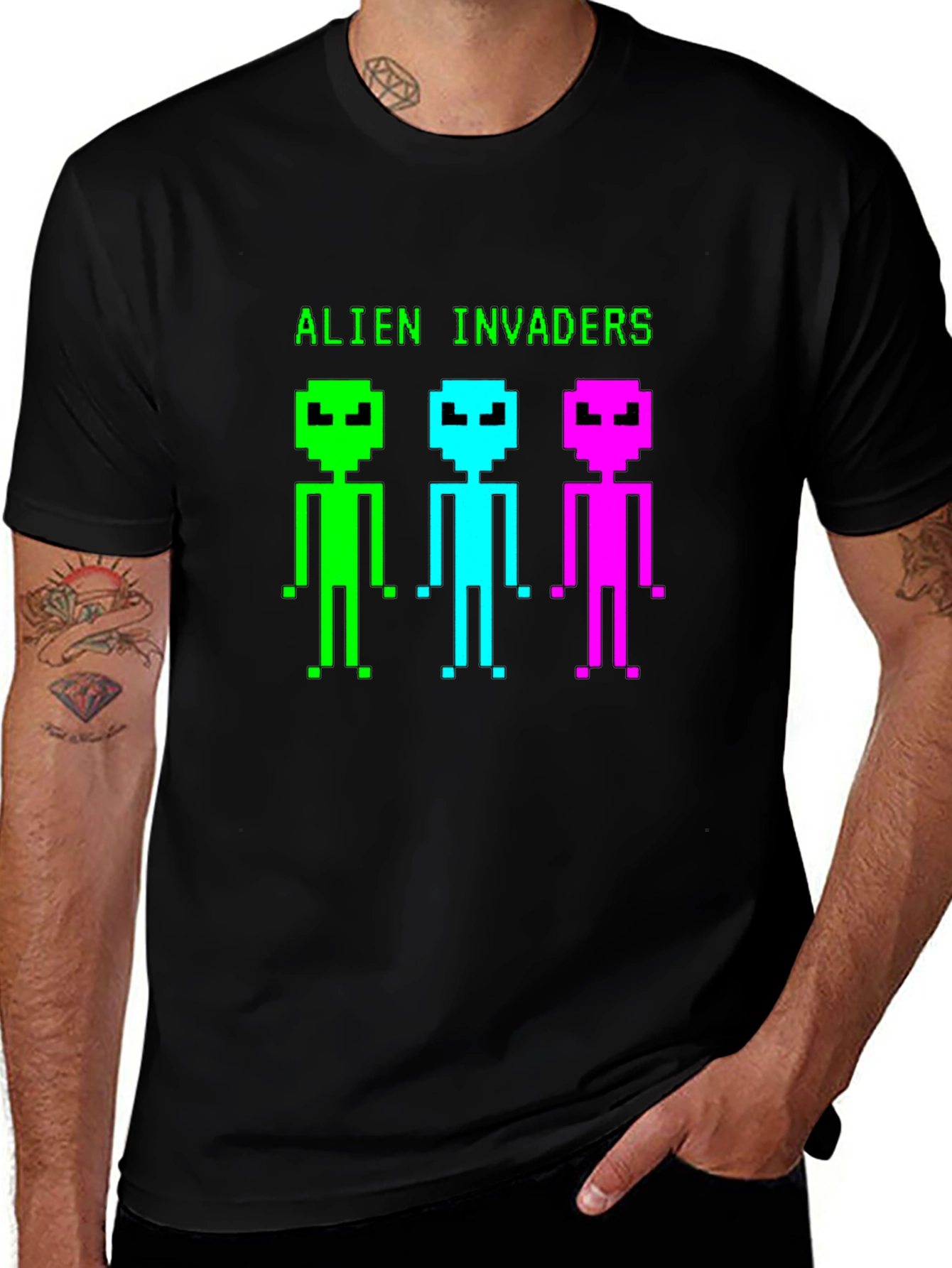 Variant 30 of Alien Invaders Retro Pixel Art Black T-Shirt