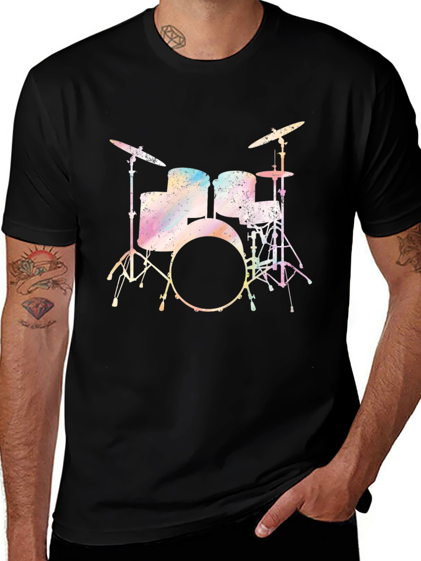 Variant 18 of Colorful Drum Set Graphic Tee - Black Cotton T-Shirt
