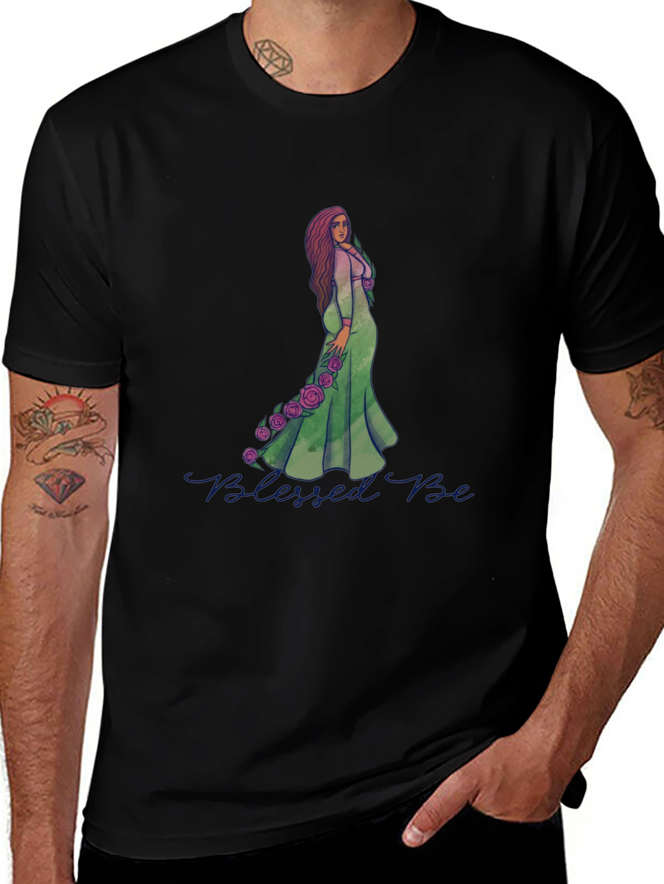 Variant 28 of Blessed Be Graphic Tee - Green Dress Rose Design