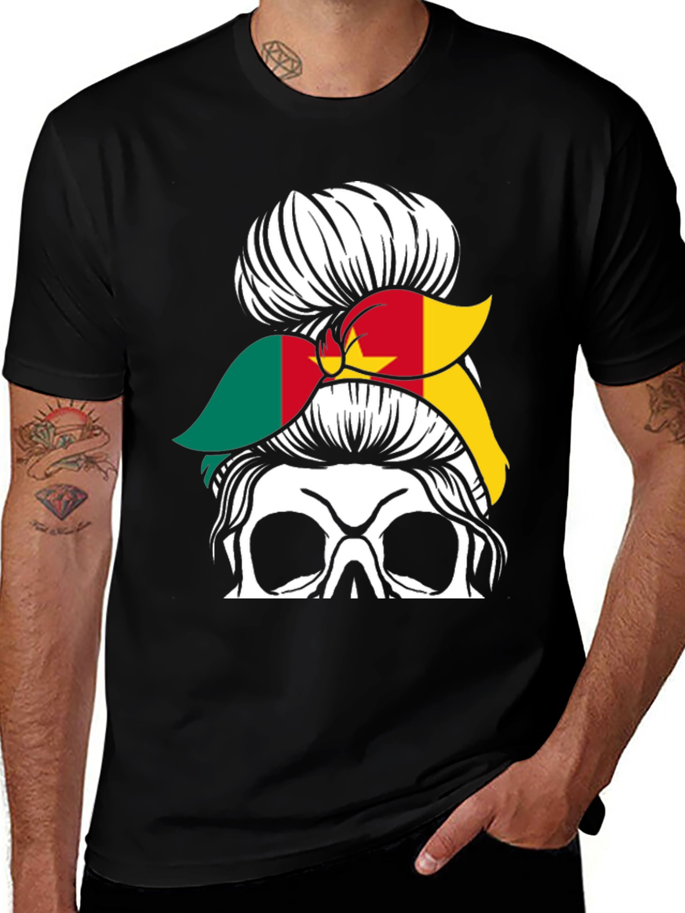 Variant 2 of Cameroon Messy Bun Skull T-Shirt