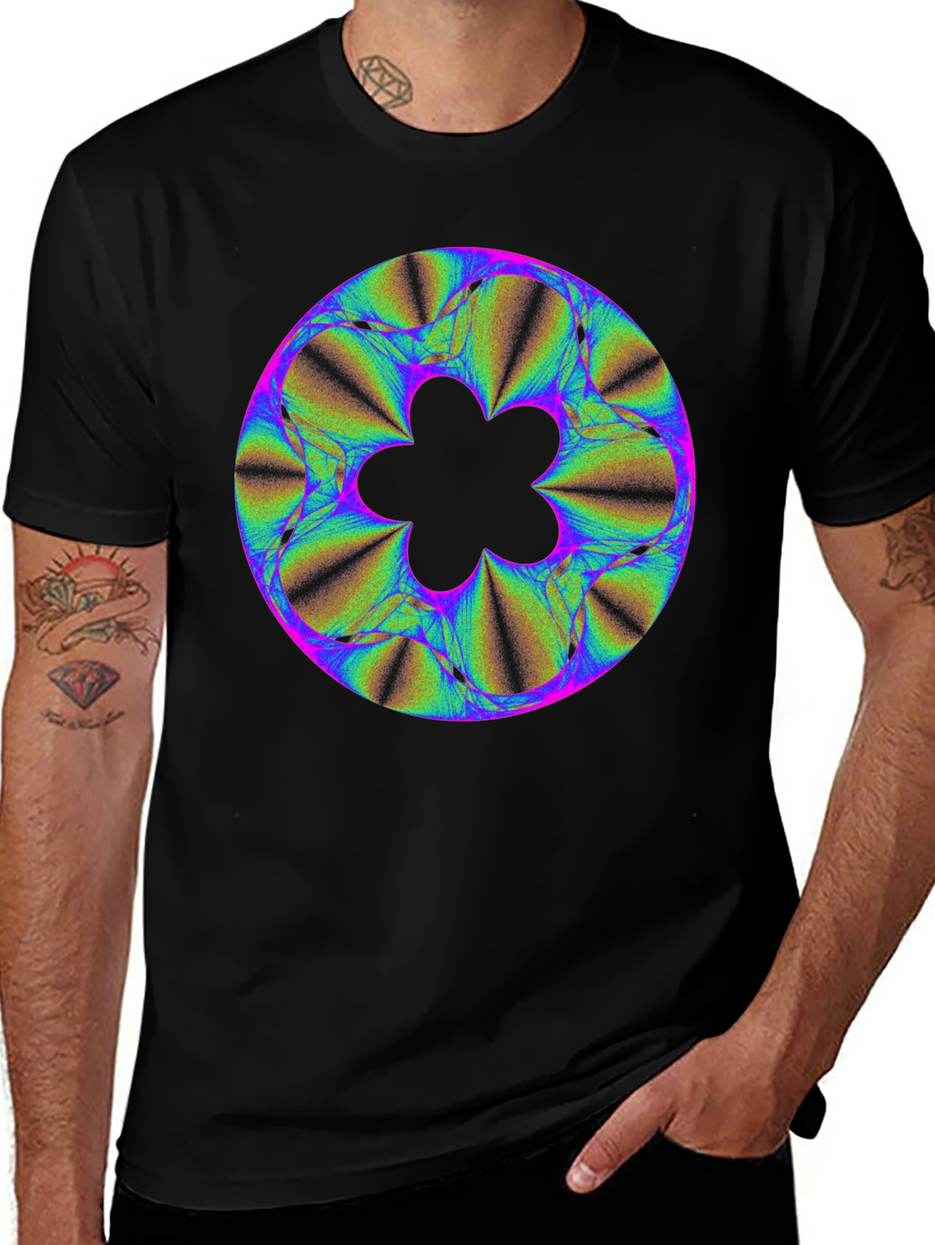 Variant 13 of Abstract Fractal Flower Graphic Print Black T-Shirt