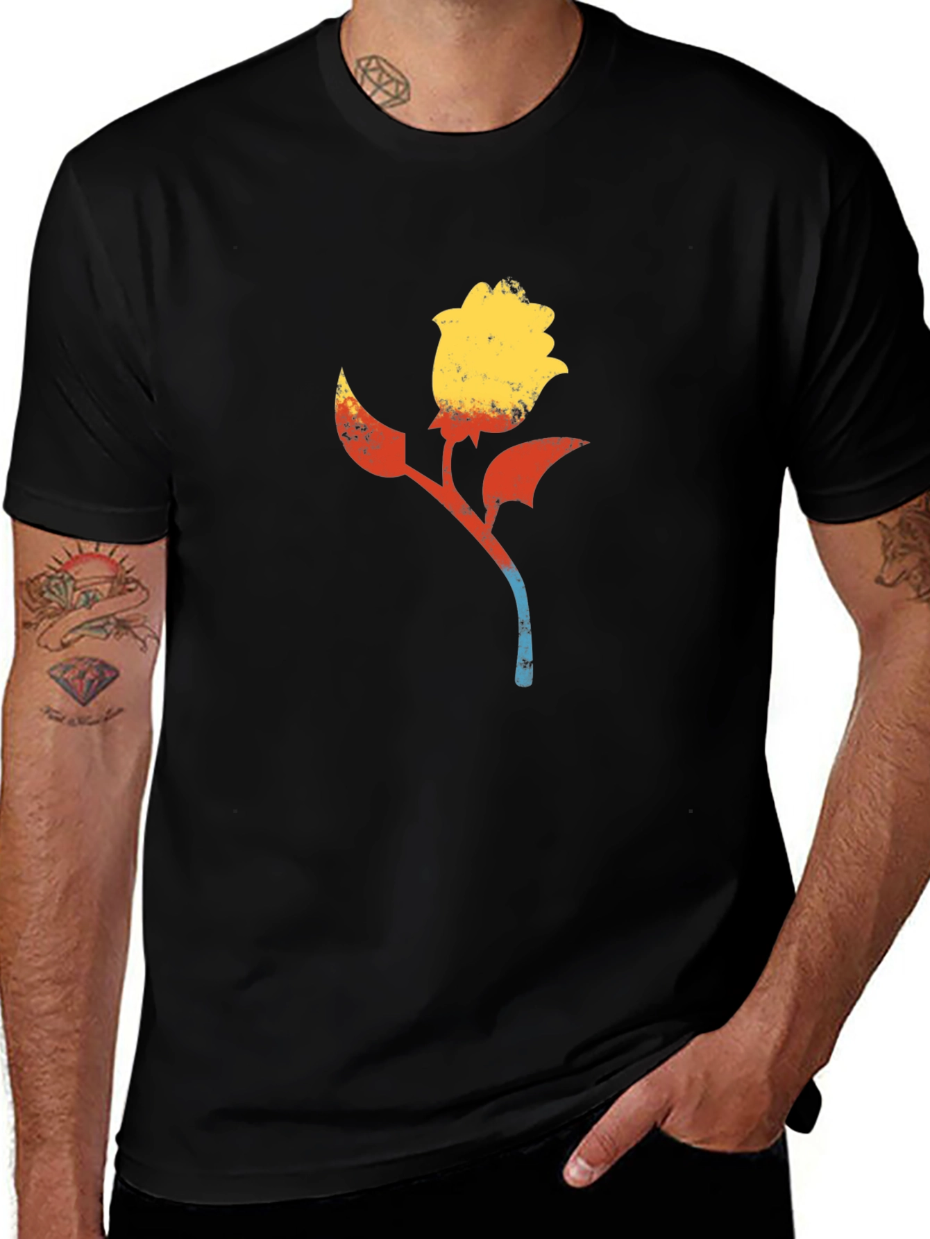 Variant 28 of Retro Rose Graphic Tee - Black Cotton Blend Shirt