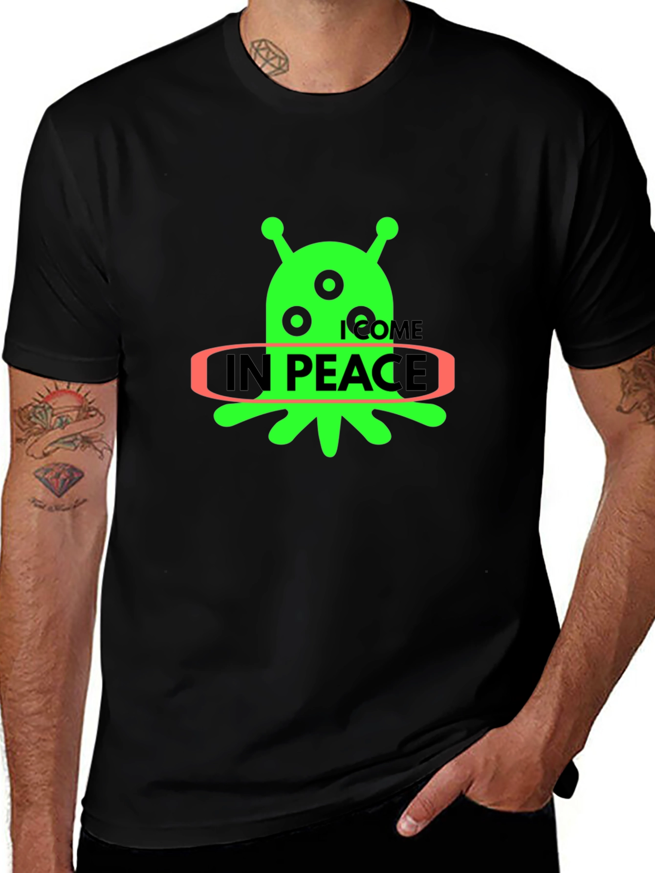 Variant 28 of Alien "In Peace" Graphic T-Shirt - Black Cotton Blend