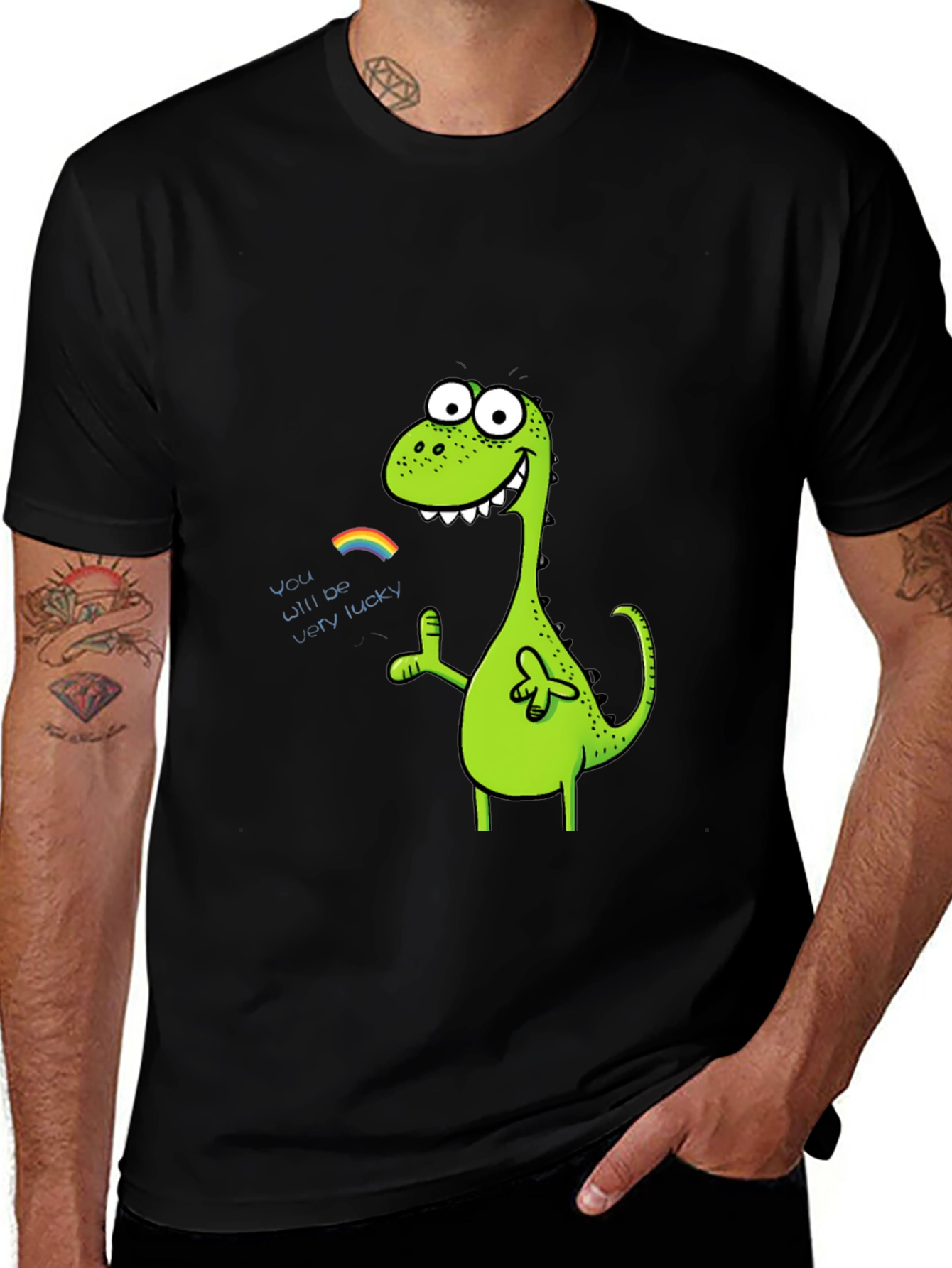Variant 9 of Lucky Dinosaur Graphic Tee - Black Cotton Blend