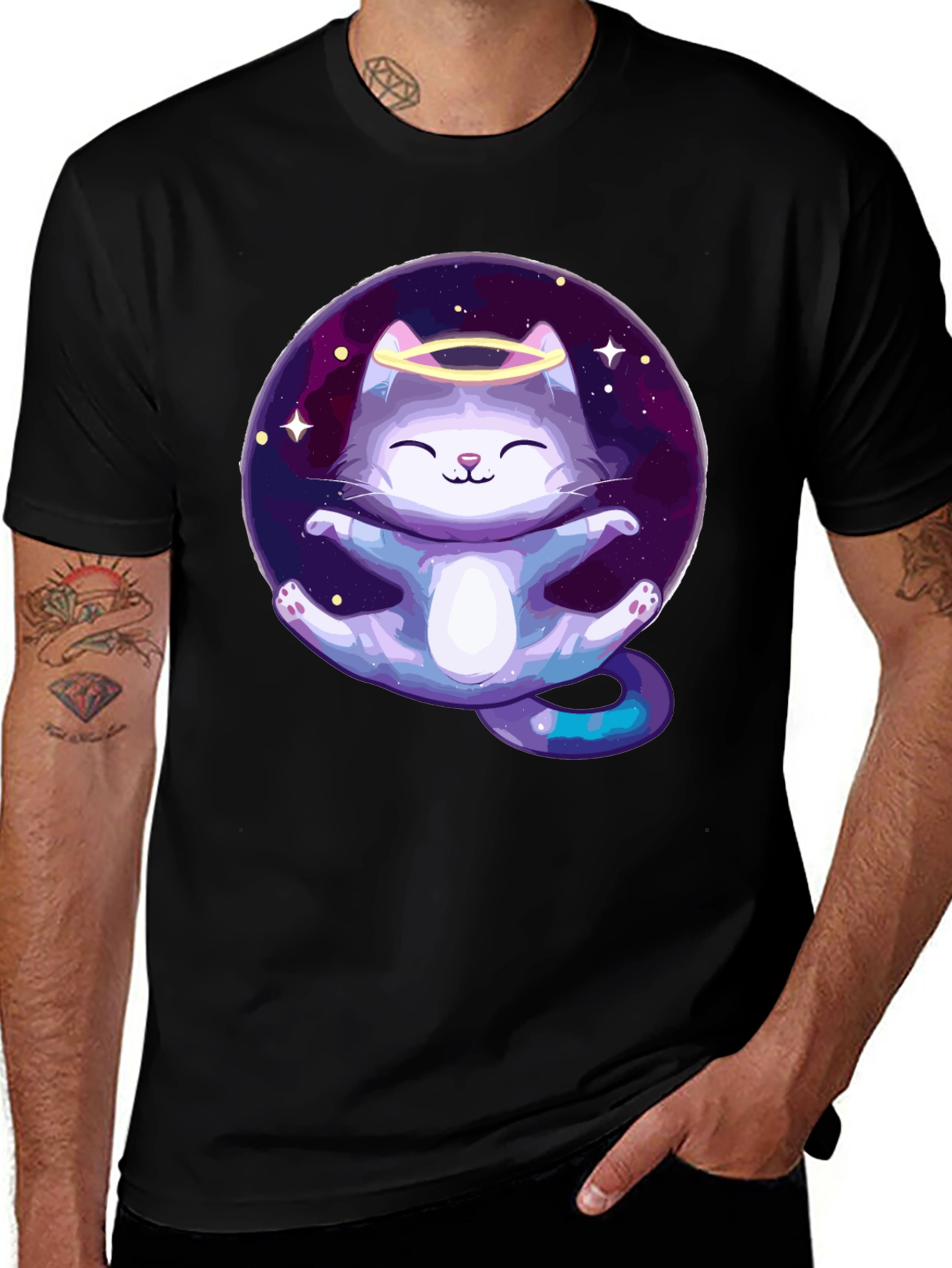 Variant 20 of Cosmic Cat Angel T-Shirt - Black Cotton Tee