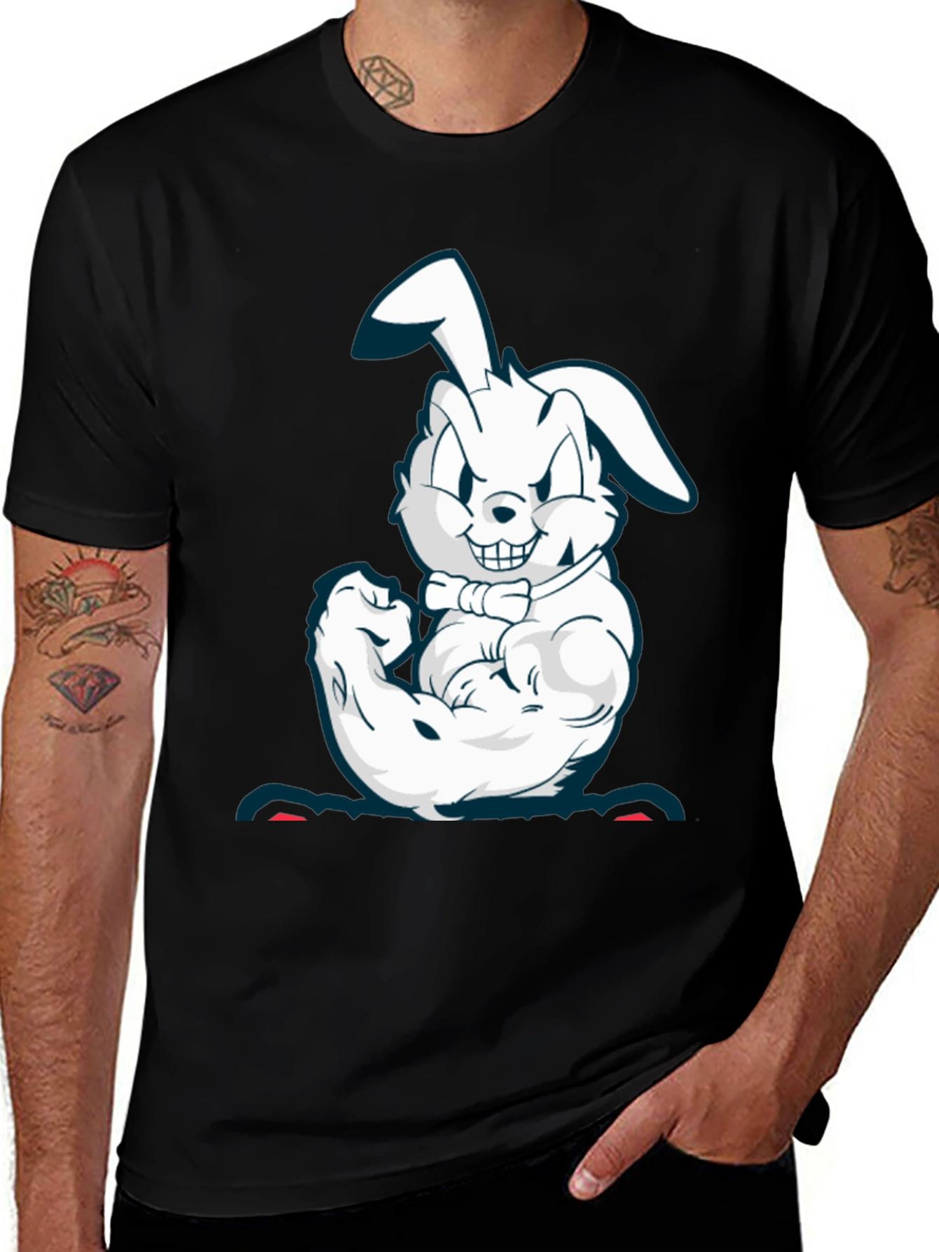 Variant 2 of Cartoon Rabbit Muscle T-Shirt - Black