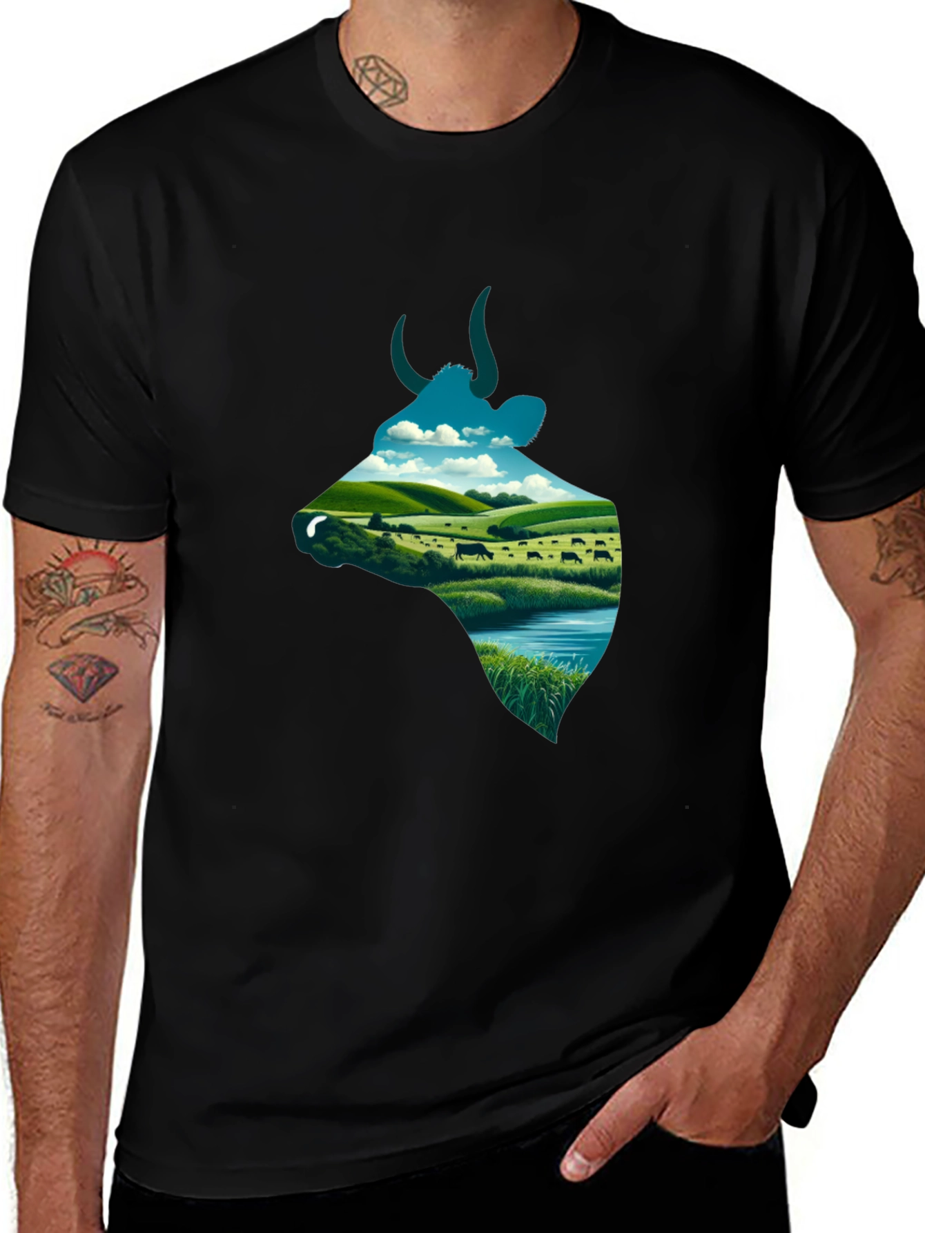 Black Cow Landscape Graphic Tee - Unique Men's Shirt main image