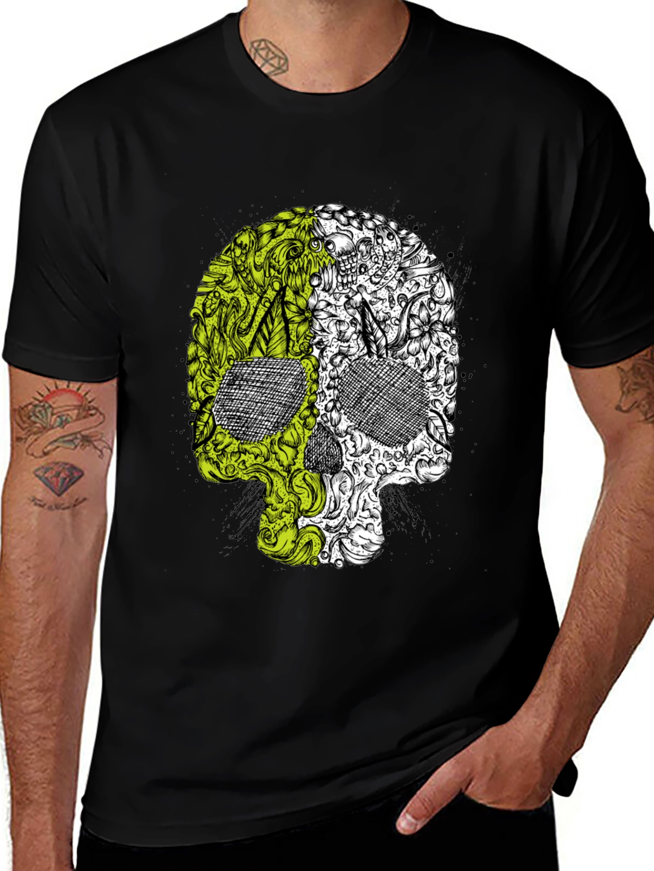 Variant 9 of Skull Graphic Tee - Half Green, Half White