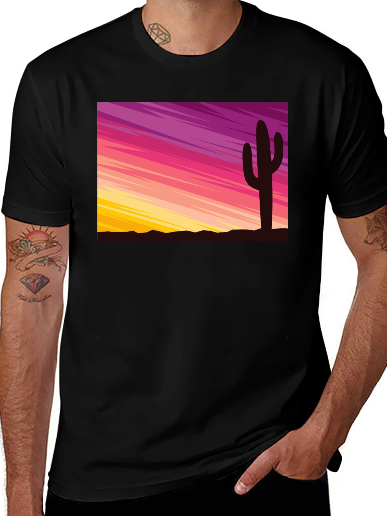 Variant 16 of Sunset Cactus Graphic Tee - Black Cotton Blend T-Shirt