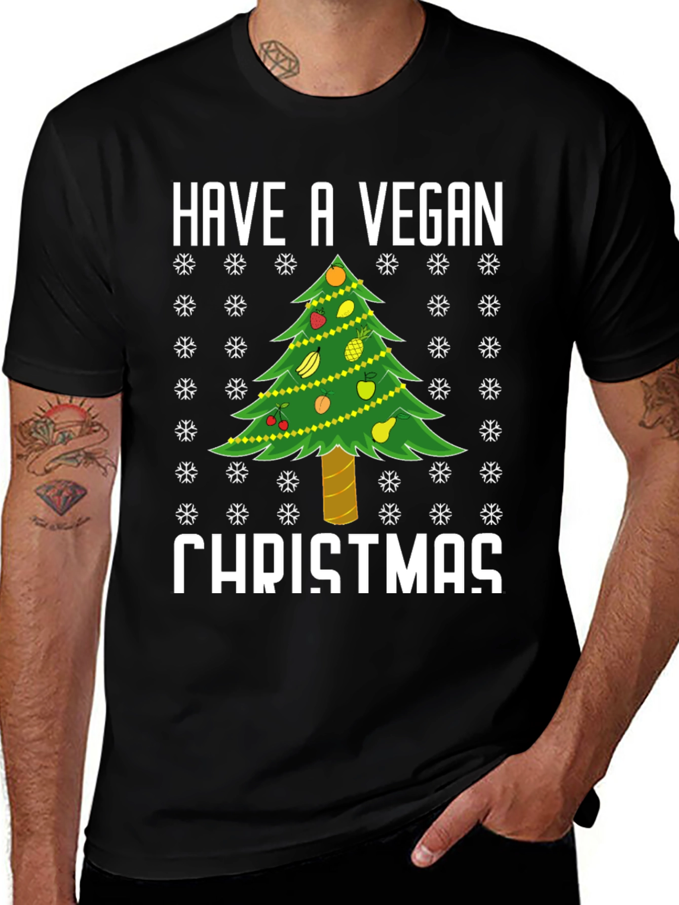 Variant 27 of Vegan Christmas T-Shirt - Holiday Tree Fruit Design