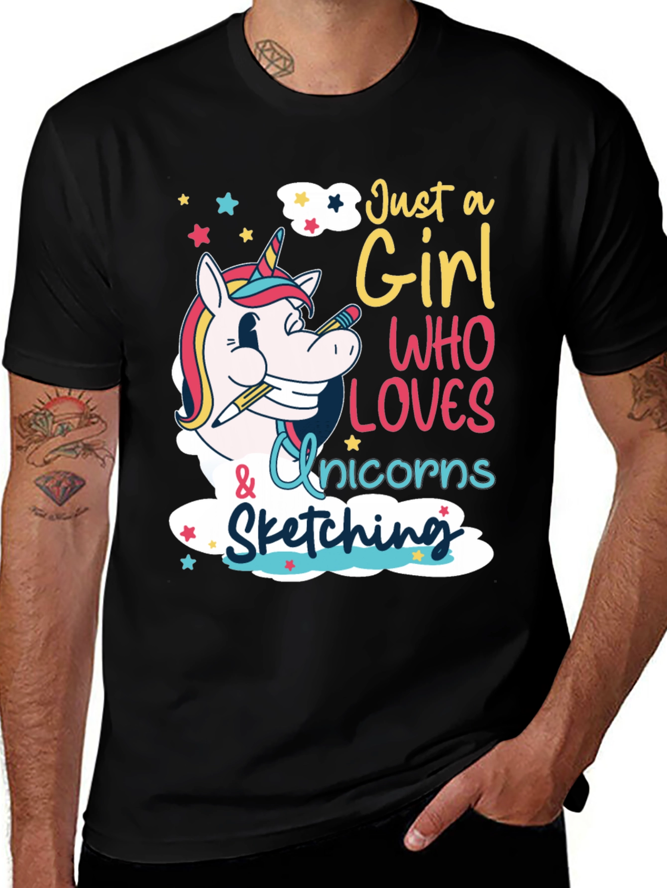 Variant 5 of Unicorn Sketching Girl Graphic T-Shirt - Black
