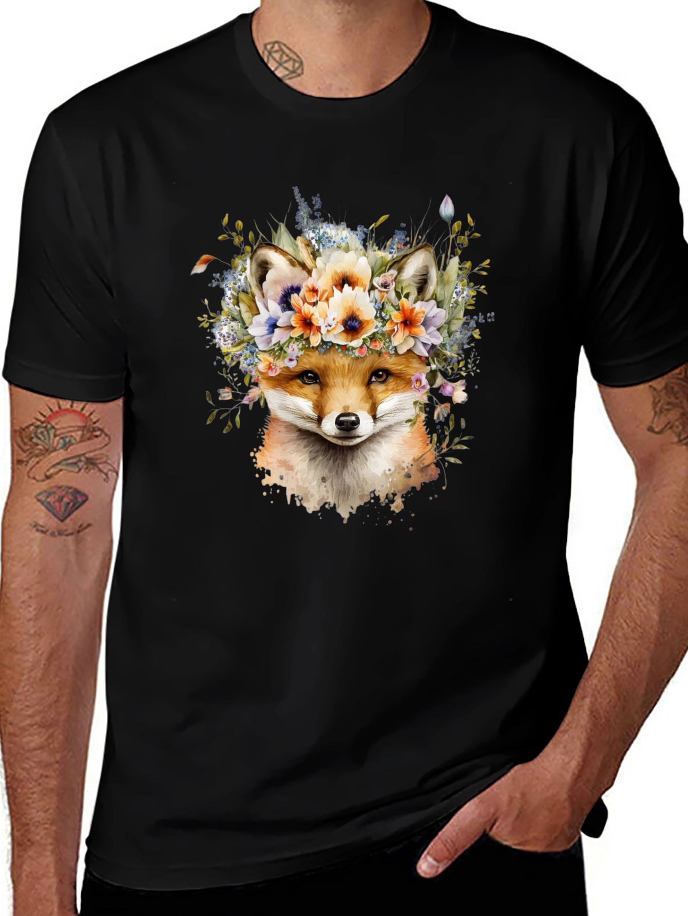 Variant 10 of Floral Fox Graphic Tee - Stylish Men's Black T-Shirt