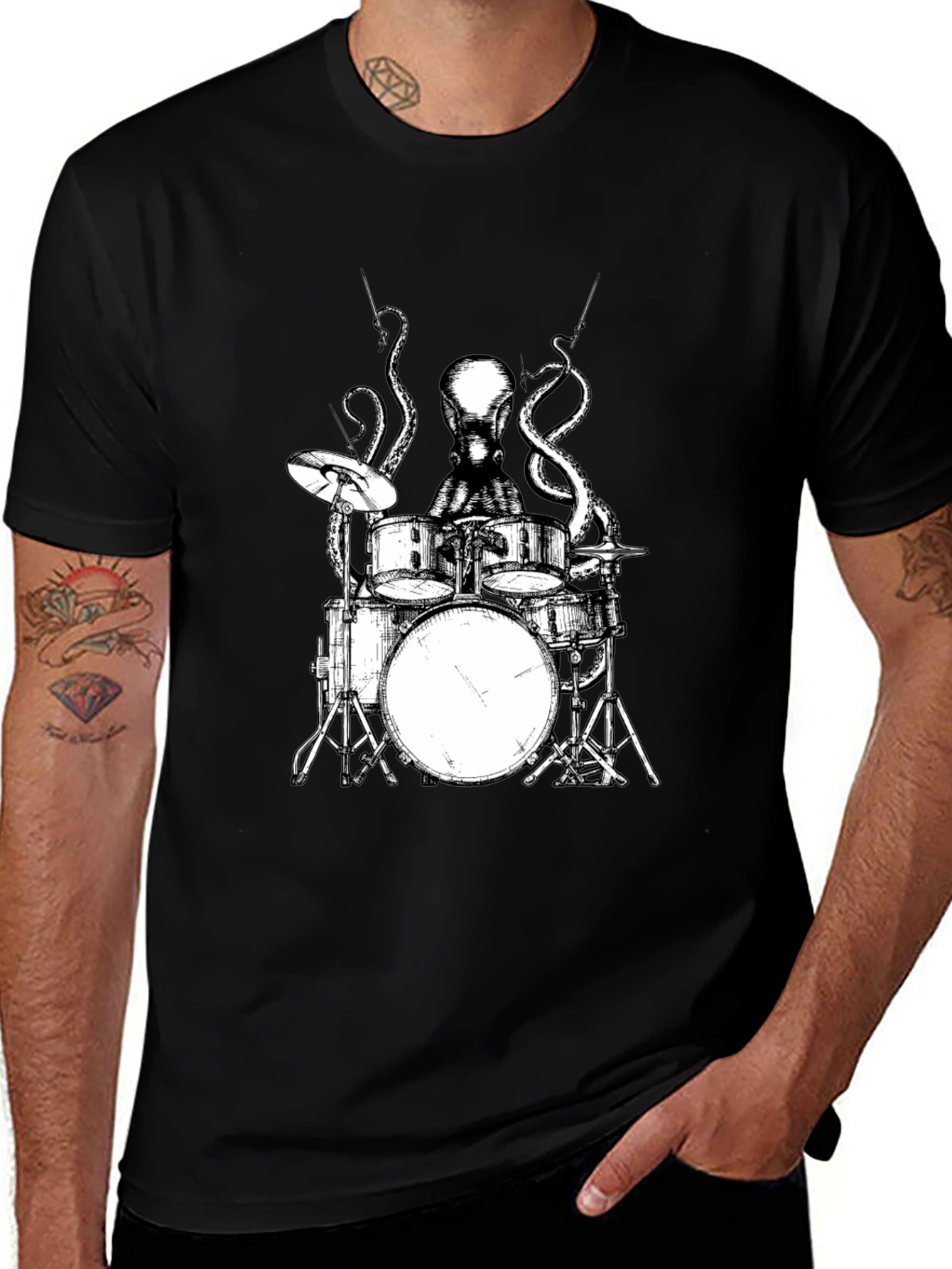 Variant 4 of Octopus Drummer Graphic Tee - Black Cotton T-Shirt