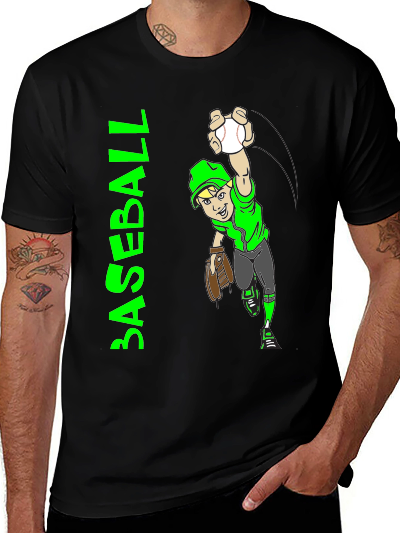 Variant 7 of Baseball Player Cartoon Black T-Shirt