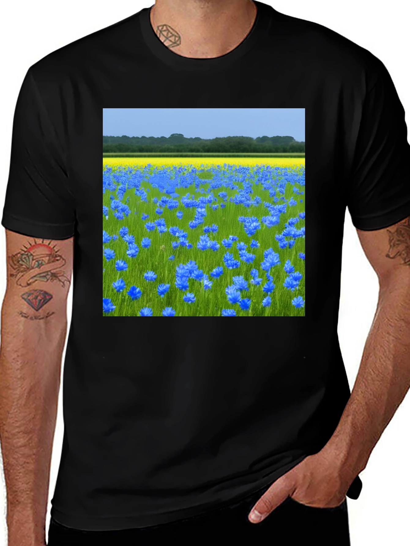 Variant 3 of Blue Flowers Field Graphic Tee - Nature Lover's Shirt
