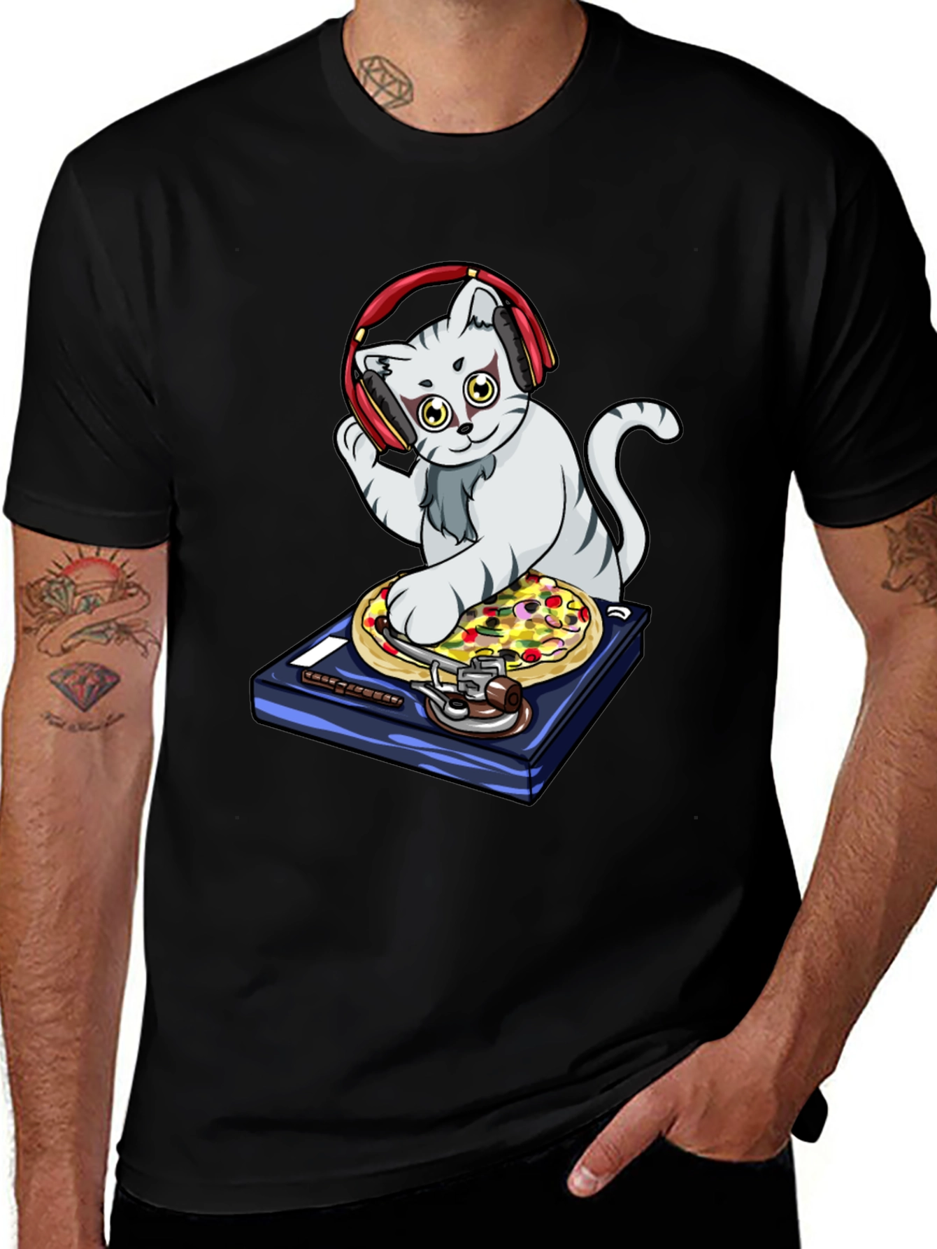 Variant 22 of DJ Cat Pizza Turntable Graphic T-Shirt