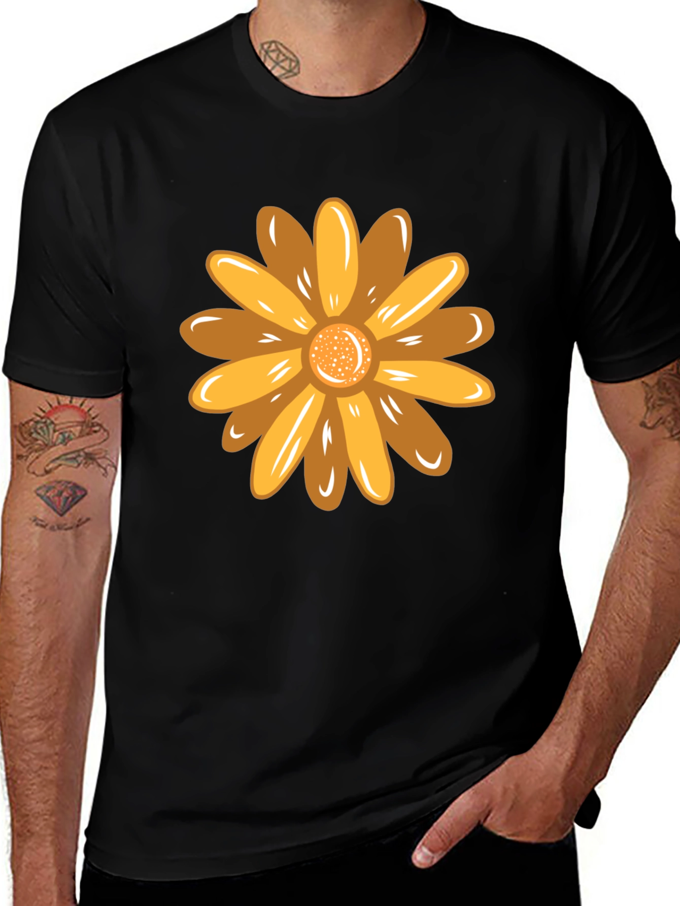 Black Golden Flower Graphic Black T-Shirt main image