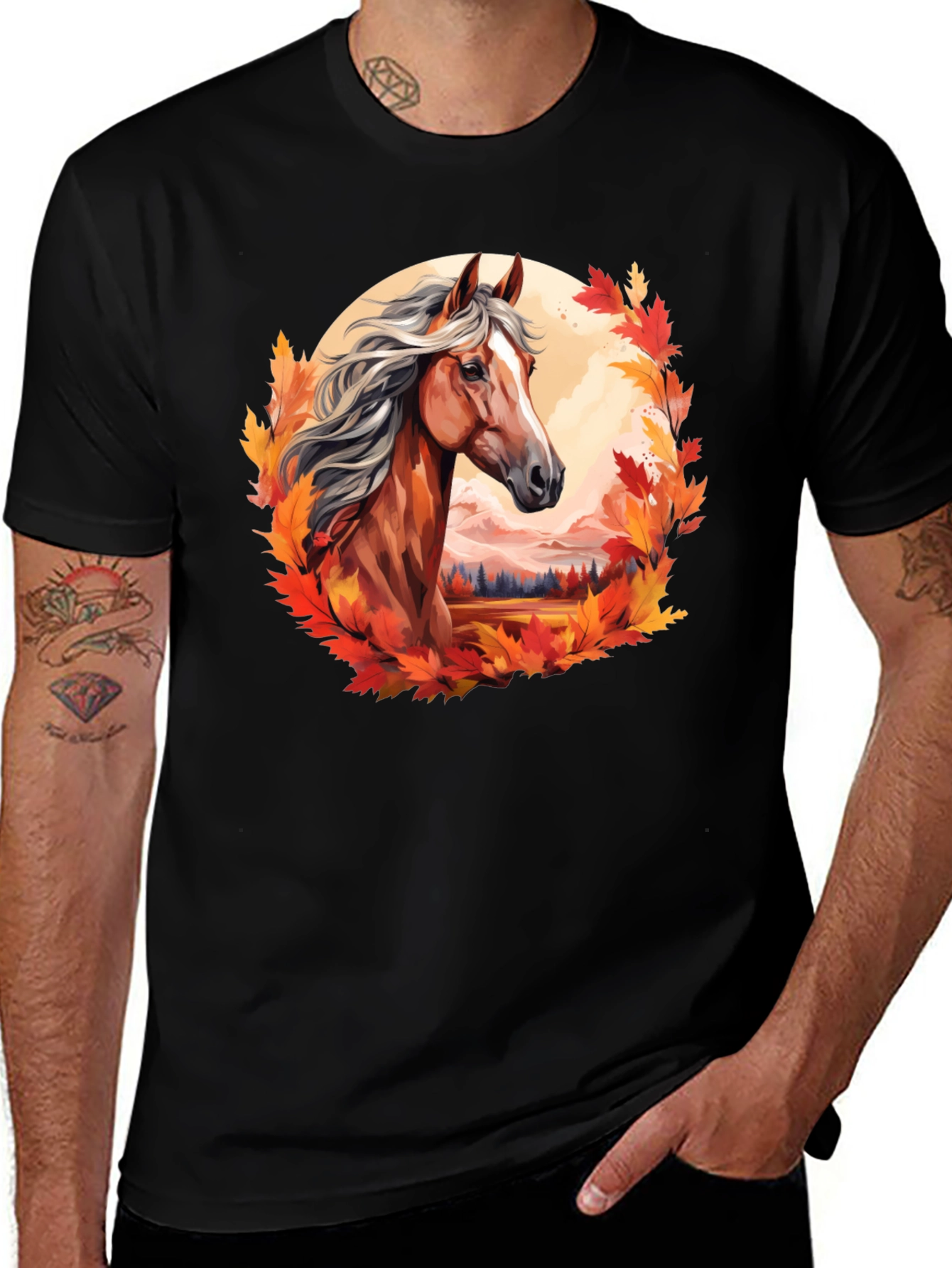 Variant 25 of Horse & Autumn Leaves Graphic T-Shirt - Black