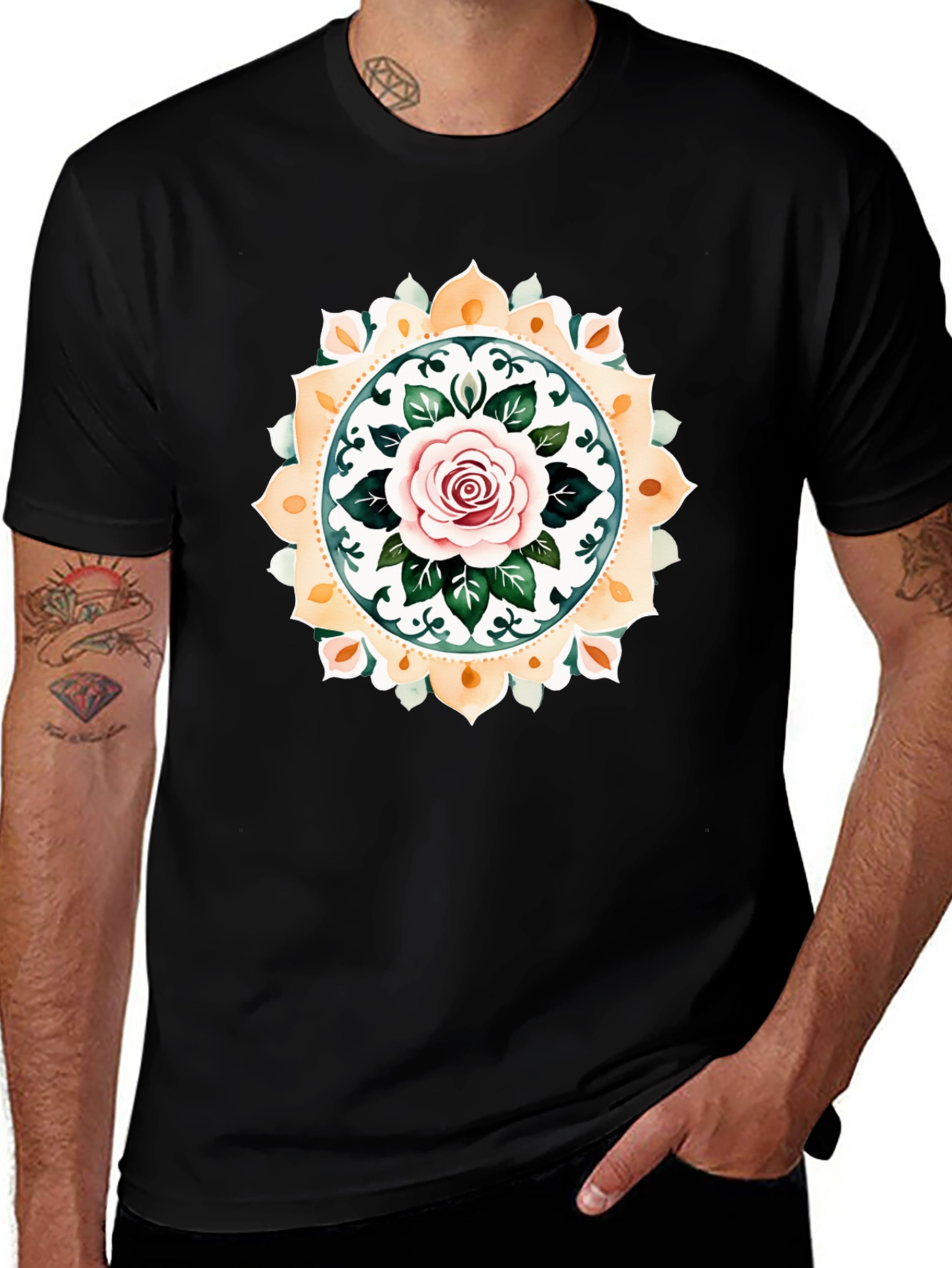 Variant 11 of Rose Mandala Graphic Tee - Artistic Black T-Shirt