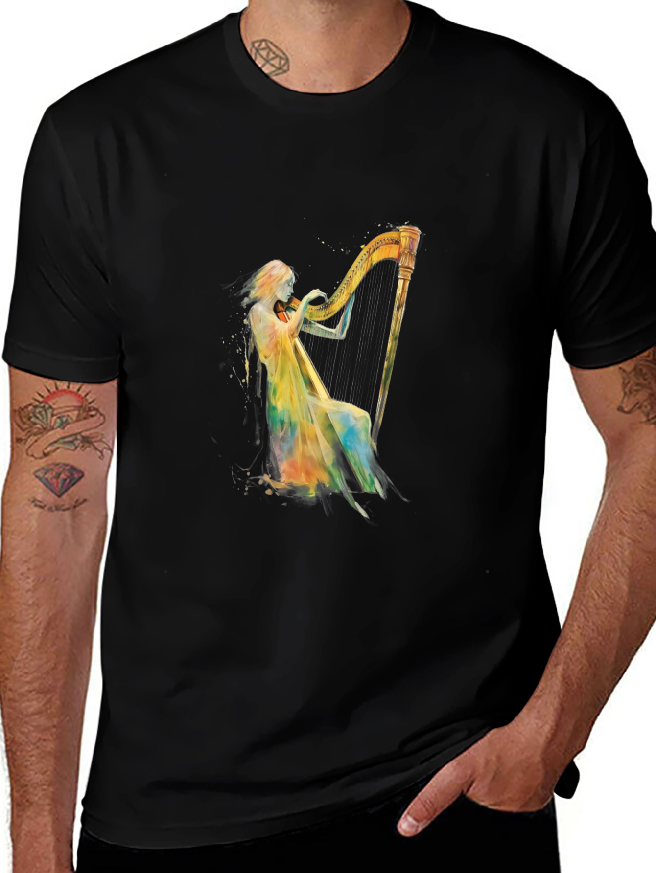 Variant 27 of Harpist Watercolor Graphic T-Shirt - Soft Black Tee