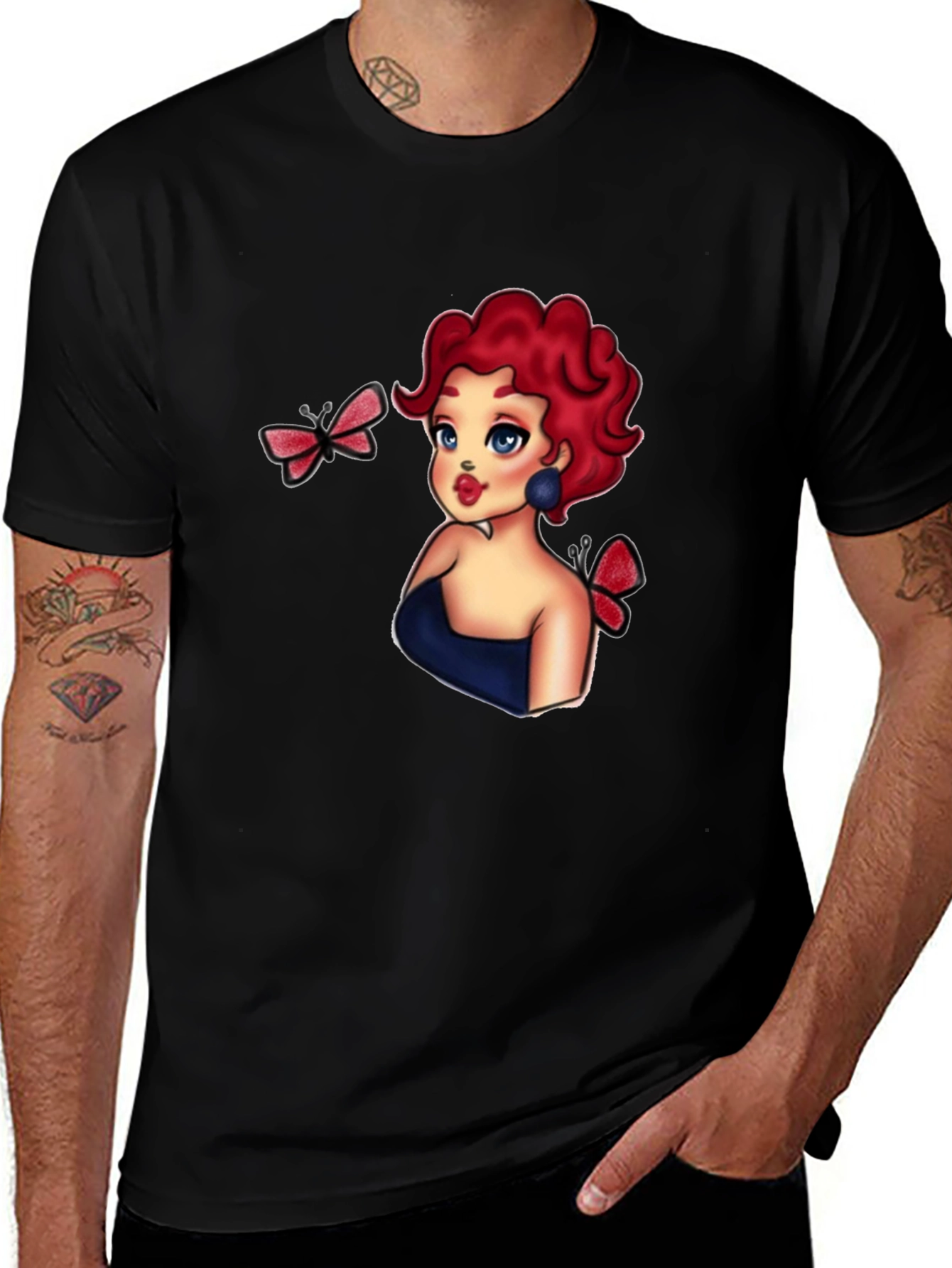 Variant 14 of Cartoon Girl & Butterflies Black T-Shirt