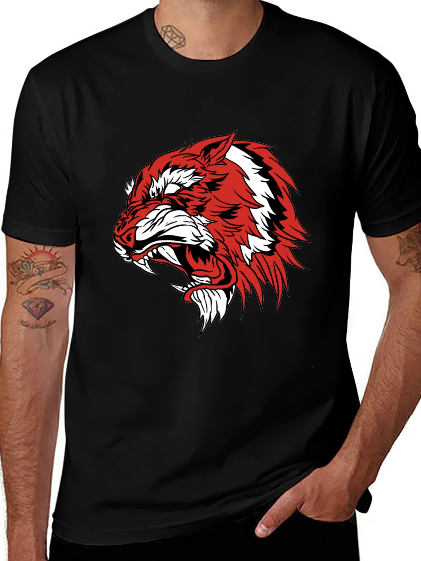 Variant 22 of Men's Black Graphic Tee - Red Tiger Design