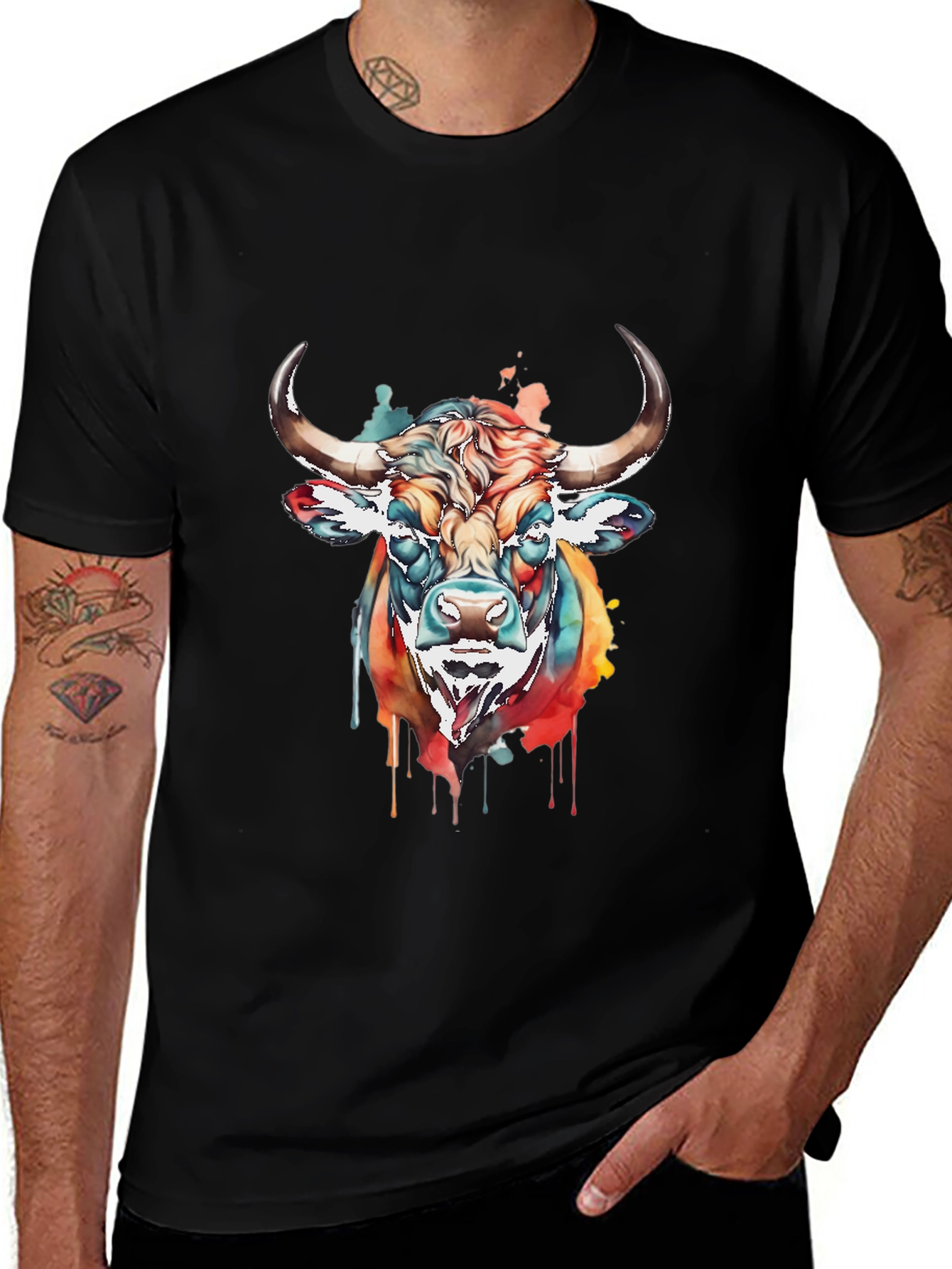Black Colorful Bull Graphic Tee - Men's Black T-Shirt main image