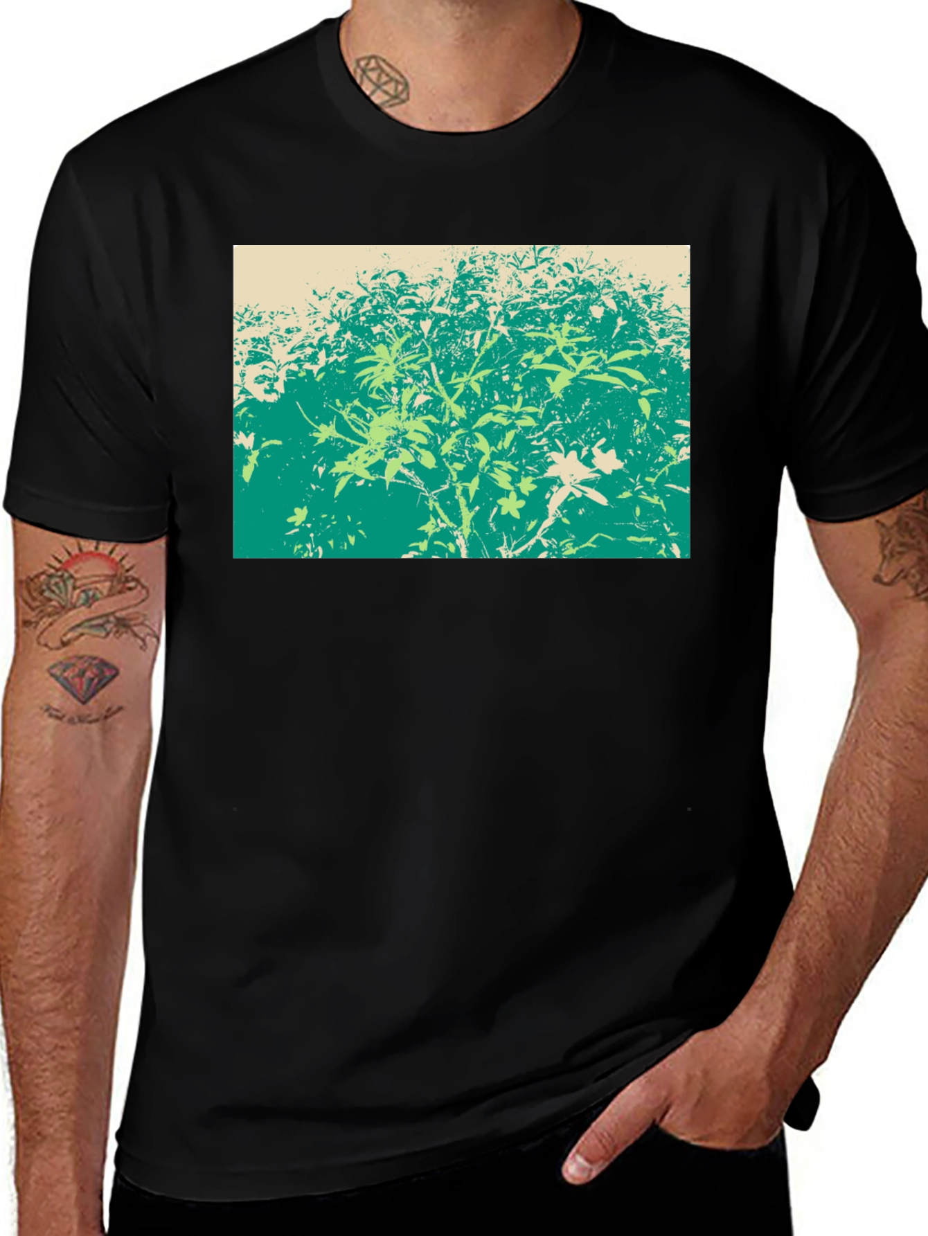 Variant 14 of Green Botanical Print Black T-Shirt