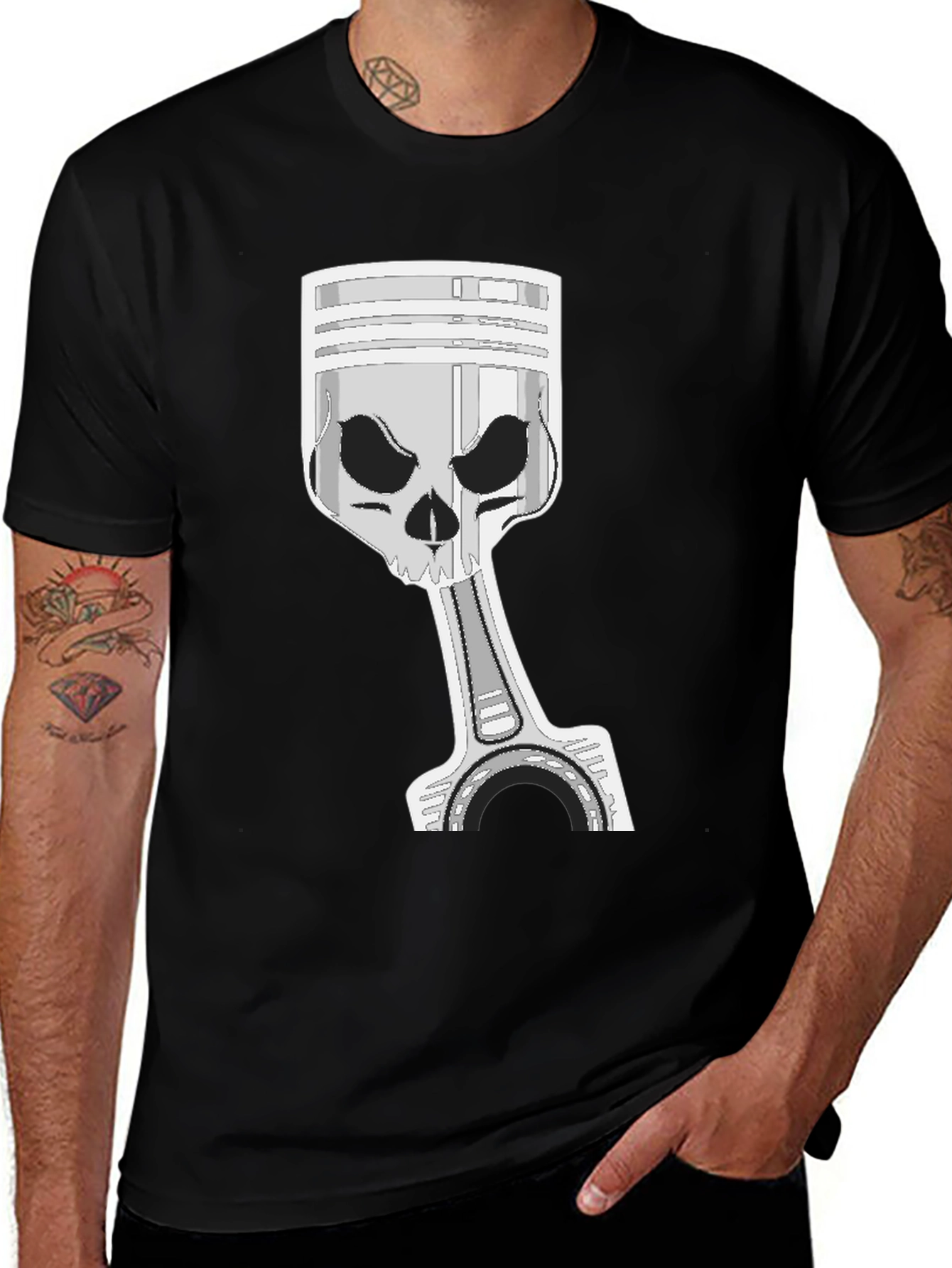 Variant 29 of Skull Piston Graphic Tee - Black Cotton Blend