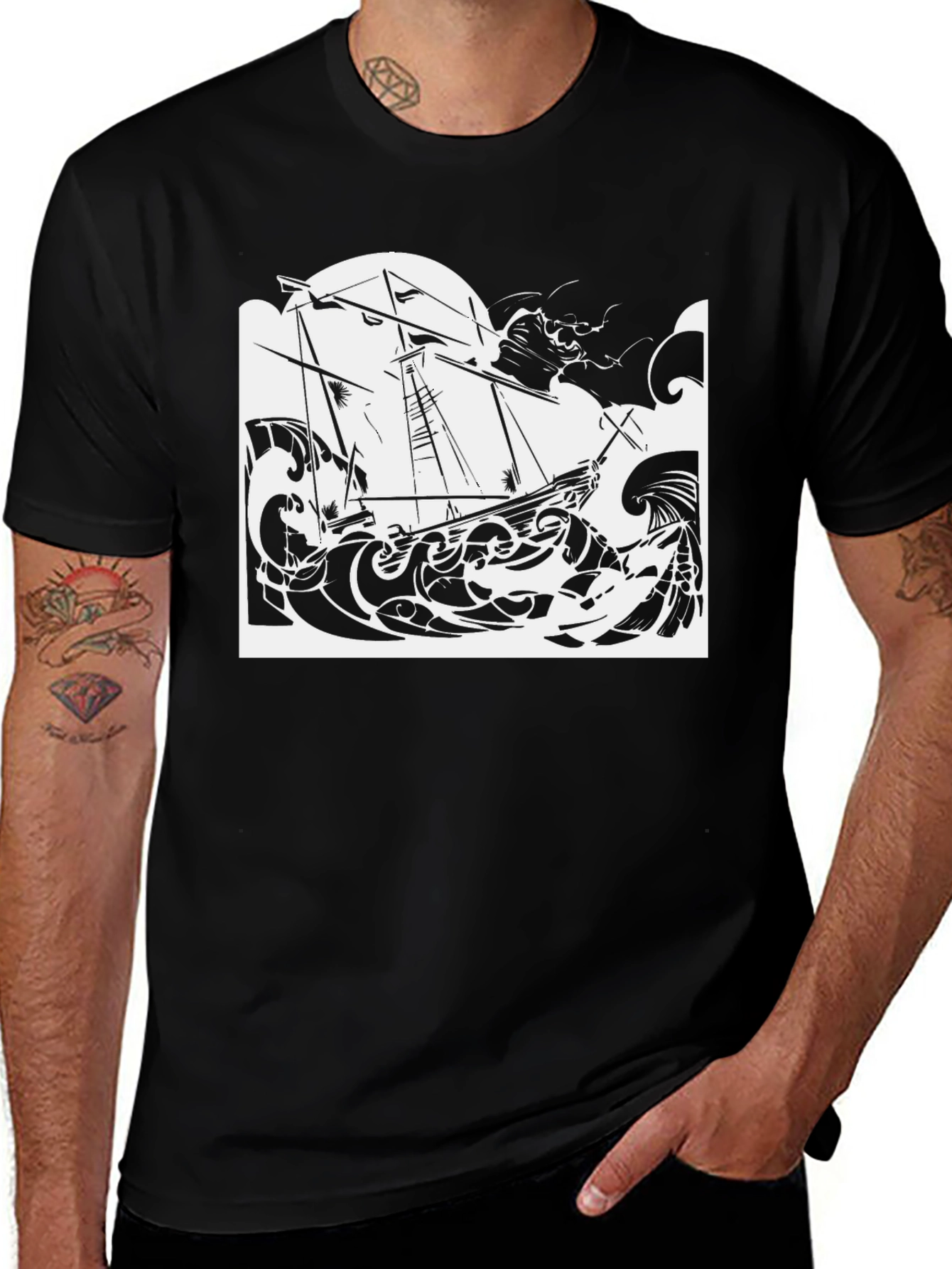 Variant 13 of Nautical Ship T-Shirt Black Cotton Tee
