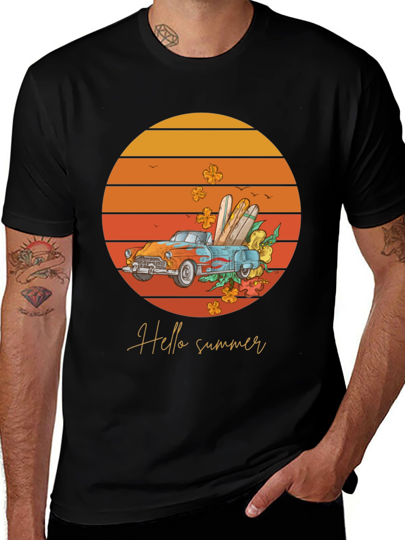 Black Hello Summer T-Shirt - Sunset Car Graphic Tee main image