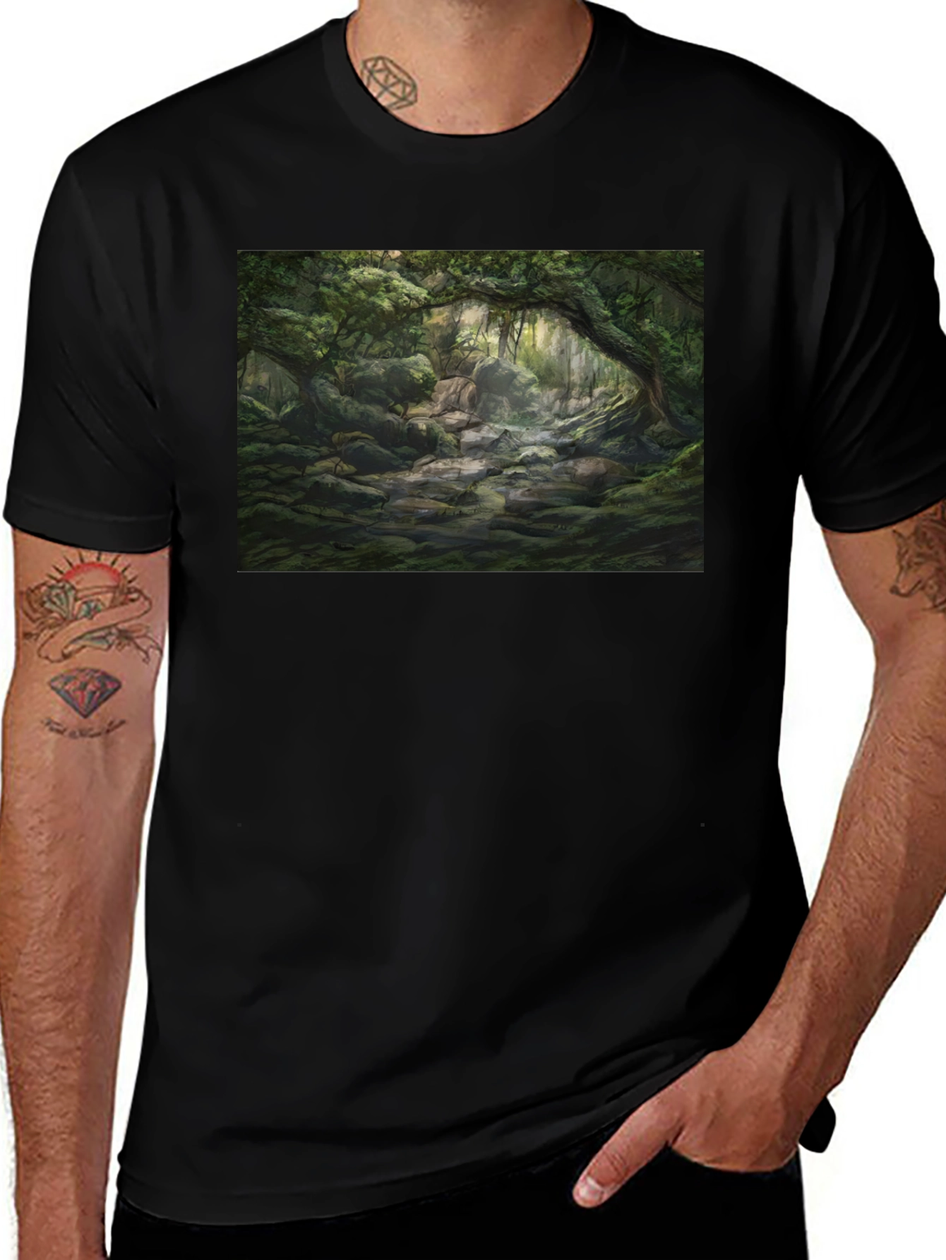 Forest Stream Graphic Tee - Nature Lover's Black T-Shirt