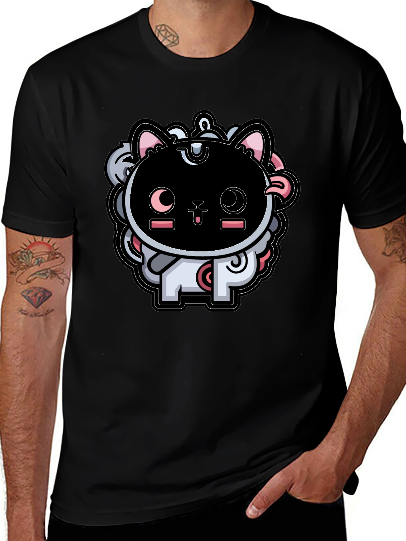 Funky Cartoon Cat Graphic Tee - Black