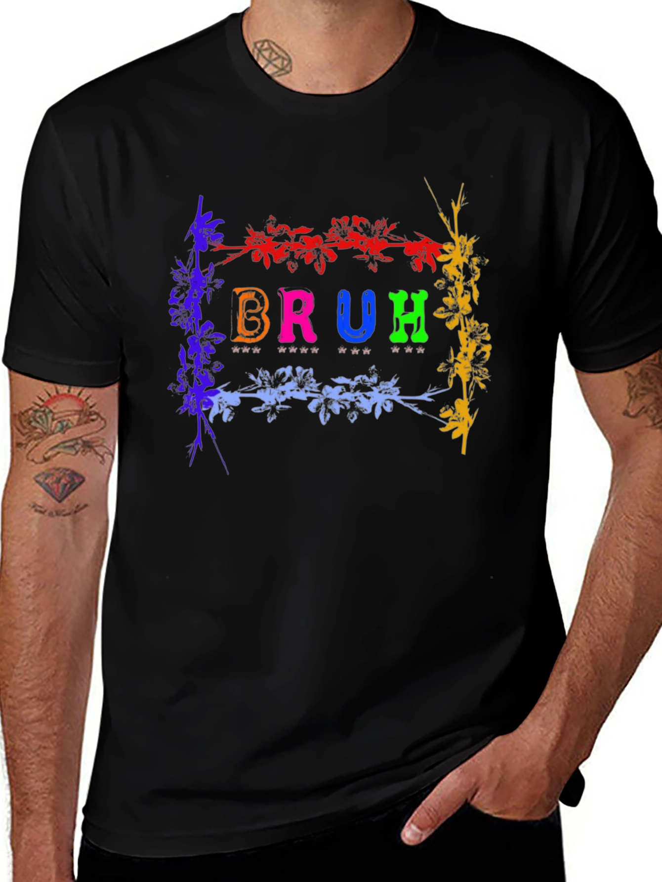 Variant 20 of Colorful Floral 'Bruh' Graphic Black T-Shirt