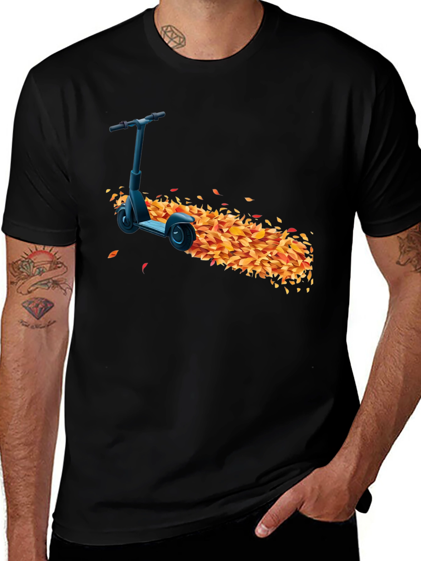 Stylish Black T-Shirt with Scooter & Leaves Design