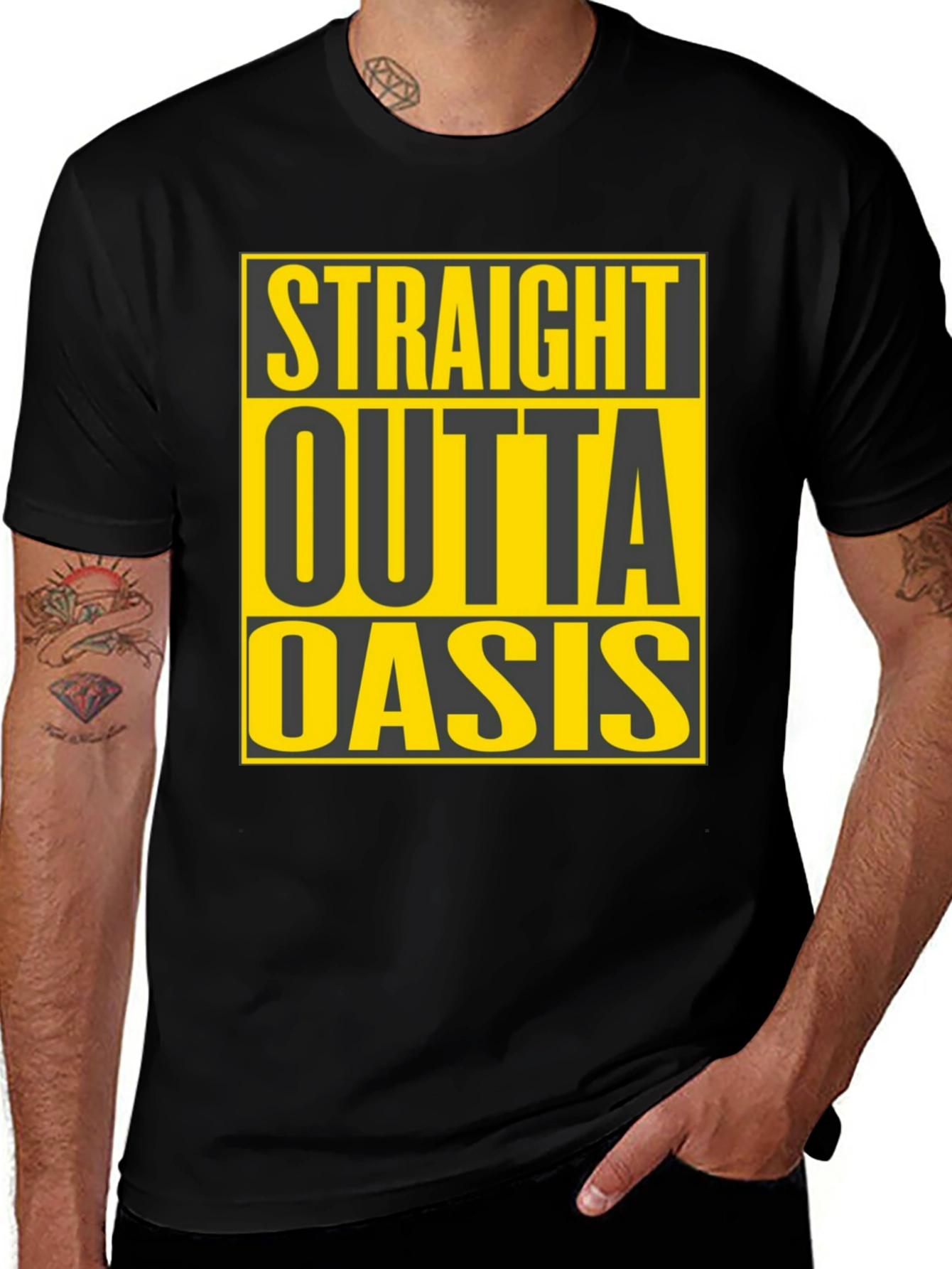 Variant 13 of Straight Outta Oasis T-Shirt - Black Crew Neck Tee
