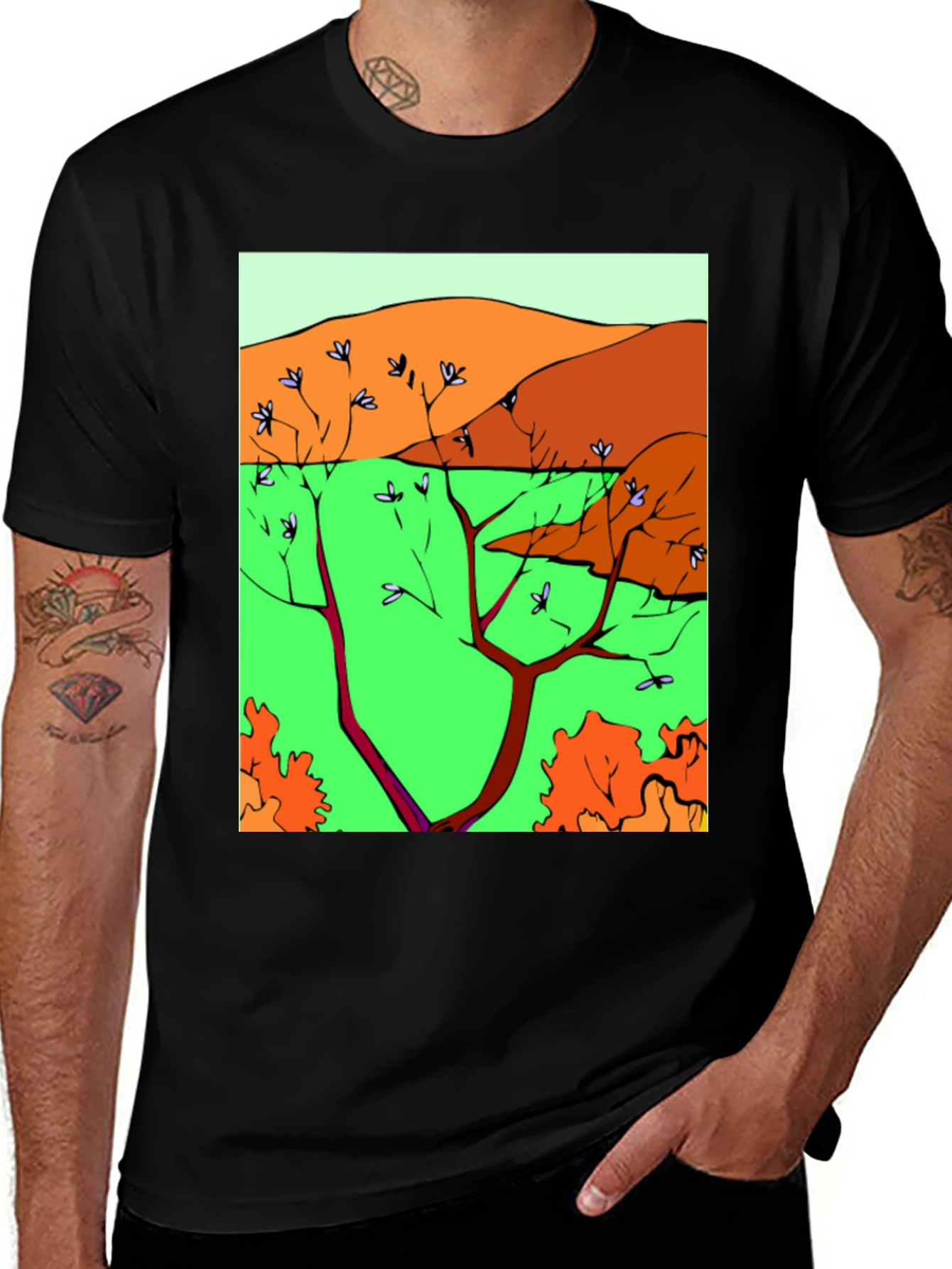 Nature Scene Graphic Print Tee - Unique Artistic Design
