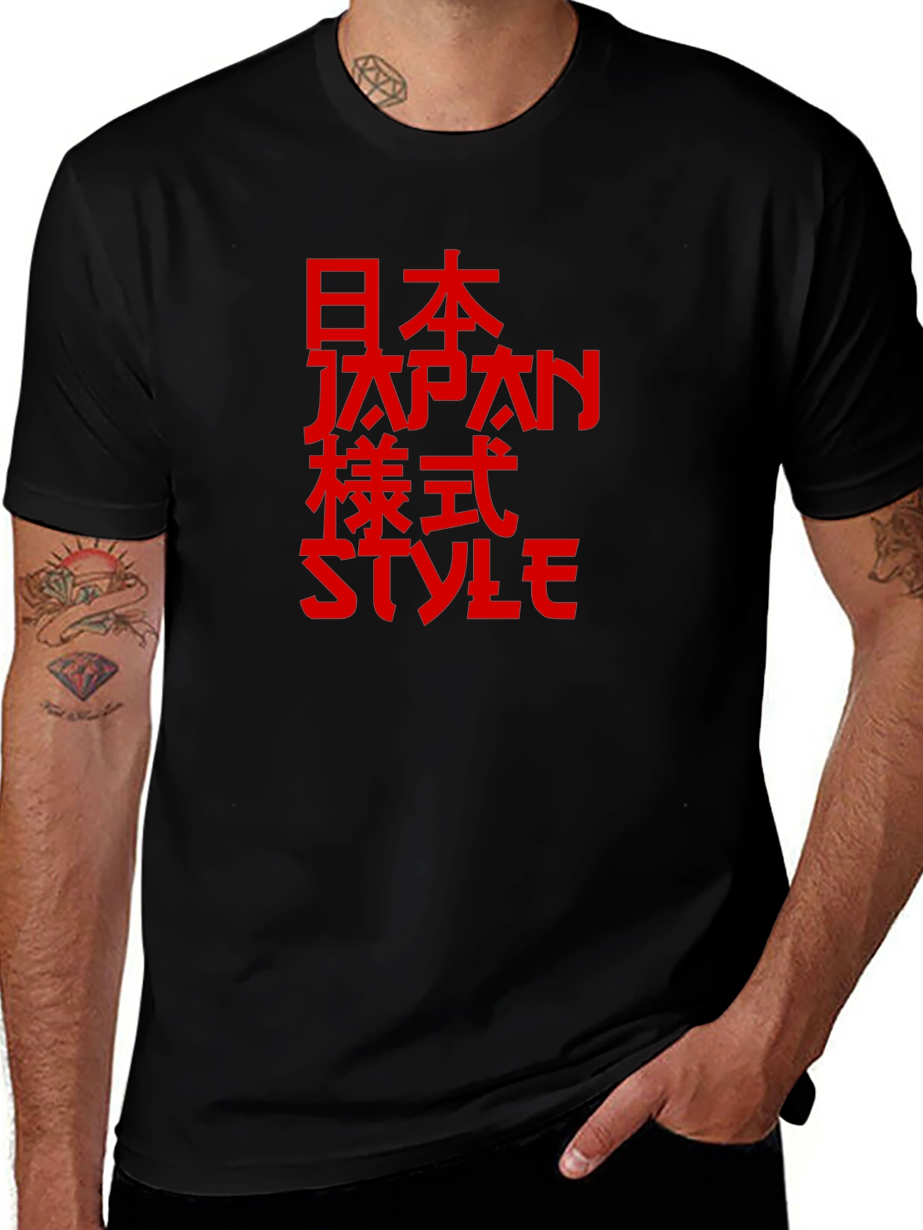 Japanese Style Red Print Black T-Shirt