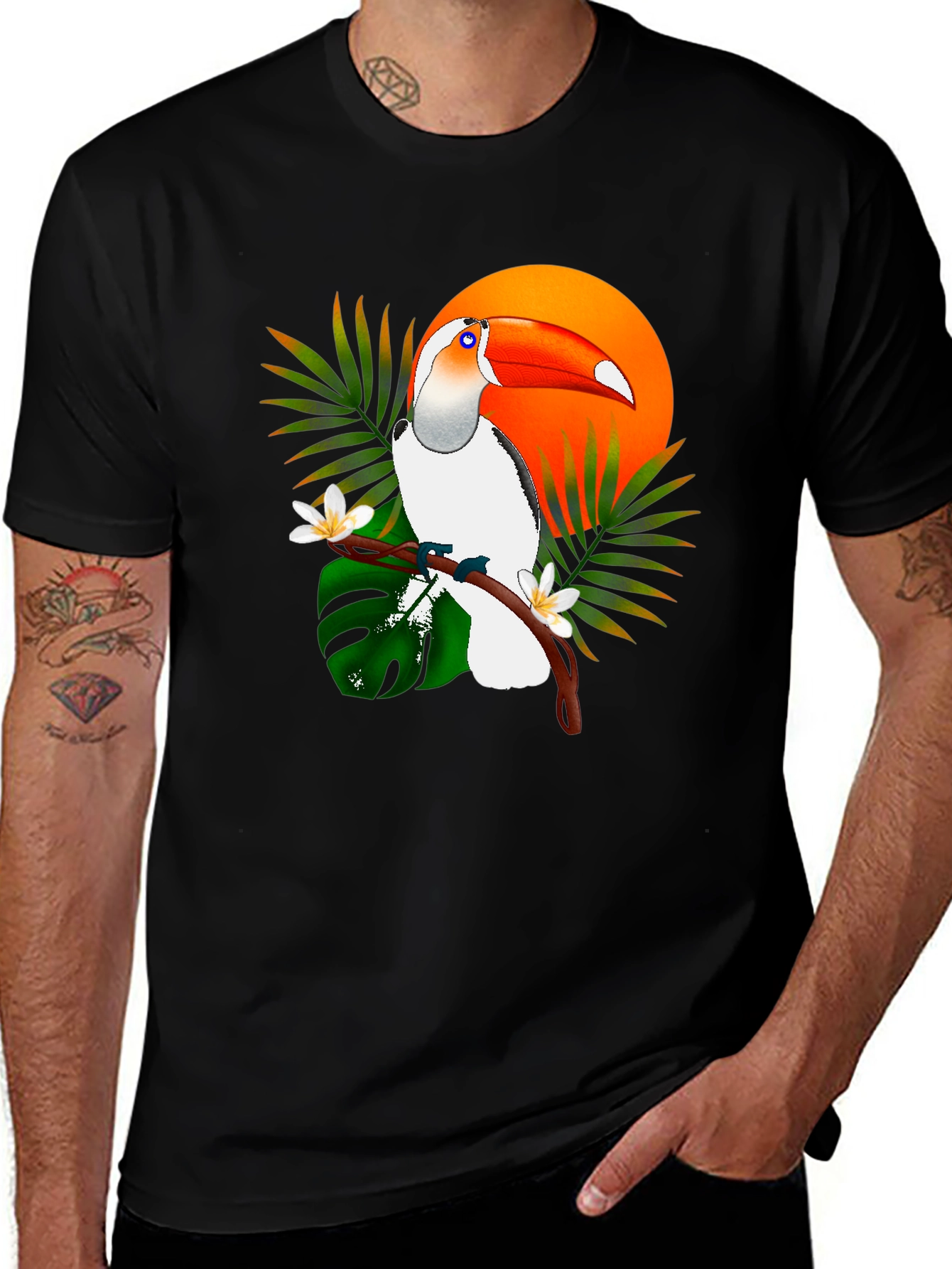 Variant 19 of Tropical Toucan Graphic Tee - Black Cotton T-Shirt