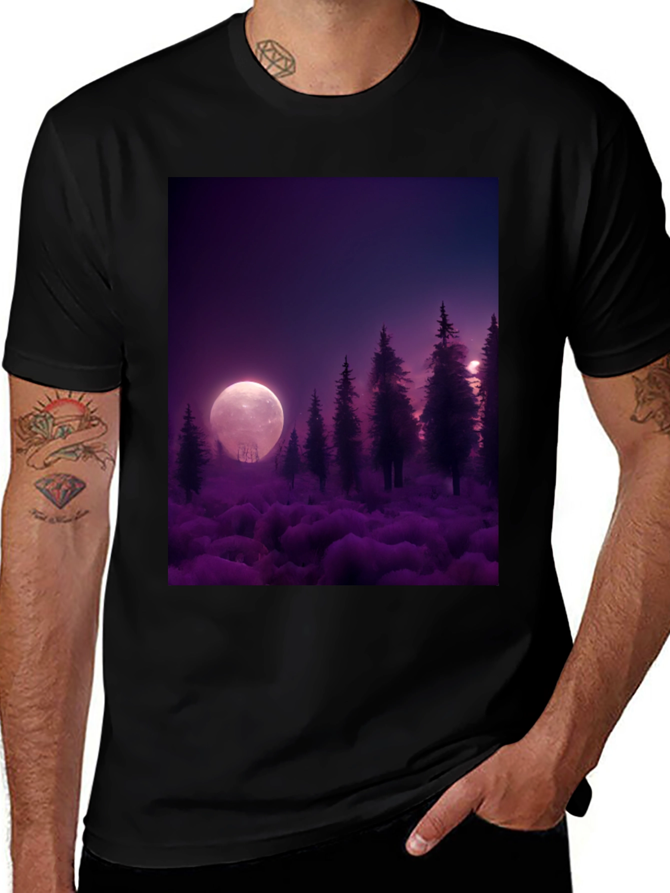 Variant 10 of Mystic Moonlit Forest Graphic Tee - Black