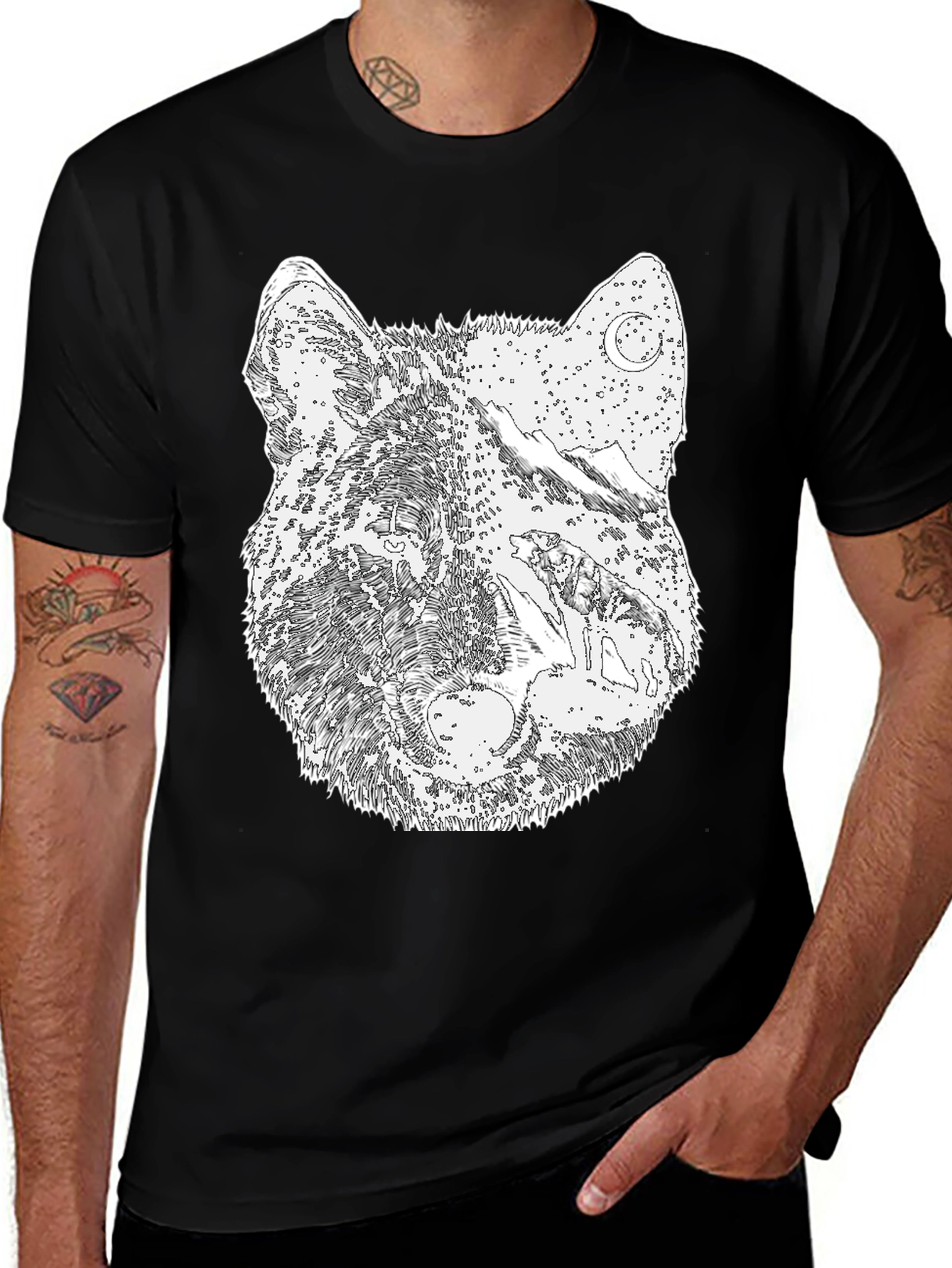 Variant 2 of Wolf Graphic Tee - Nightscape Design Black T-Shirt