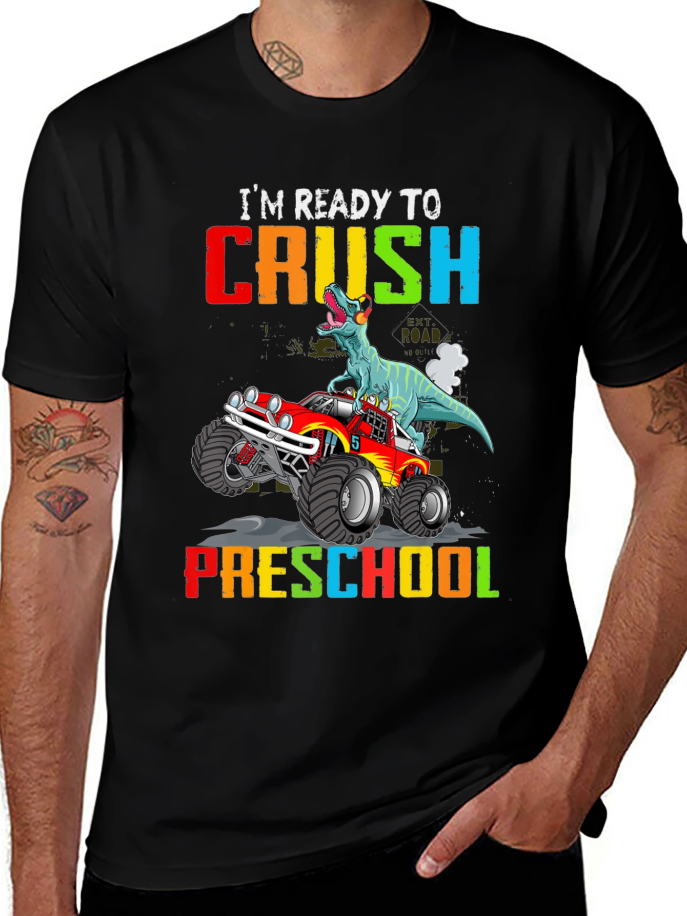 Black Ready to Crush Preschool Dinosaur Monster Truck T-Shirt main image