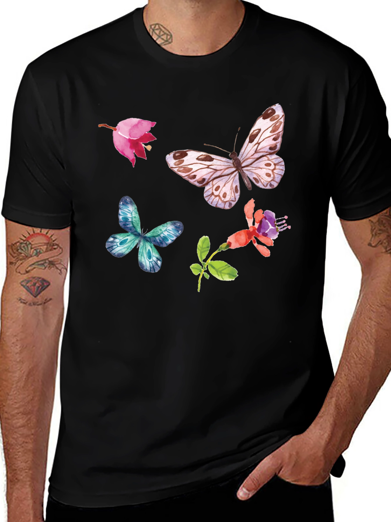 Variant 12 of Floral Butterfly Graphic Tee - Black Casual Top