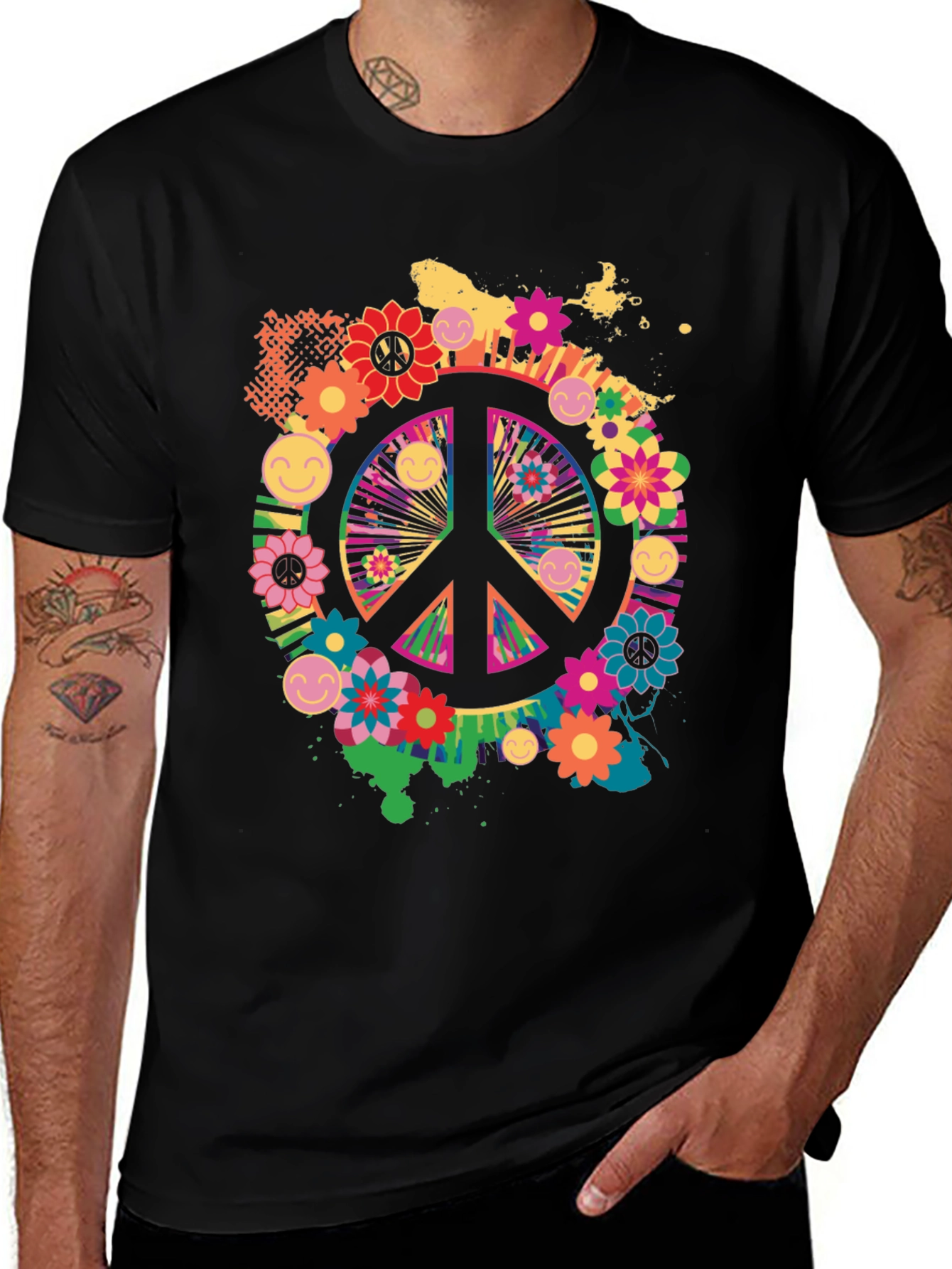Variant 24 of Retro Peace Sign Graphic Tee - Colorful Flower Power Design