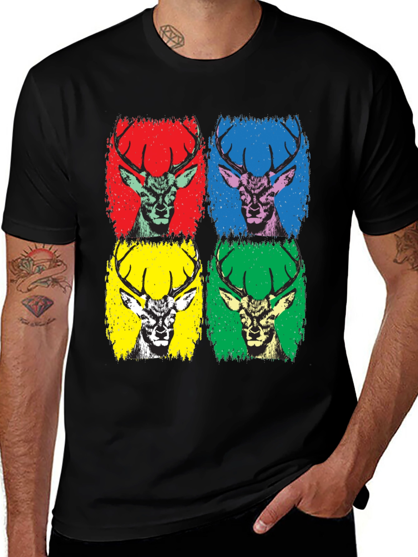 Variant 6 of Pop Art Deer Graphic Tee - Black Cotton T-Shirt