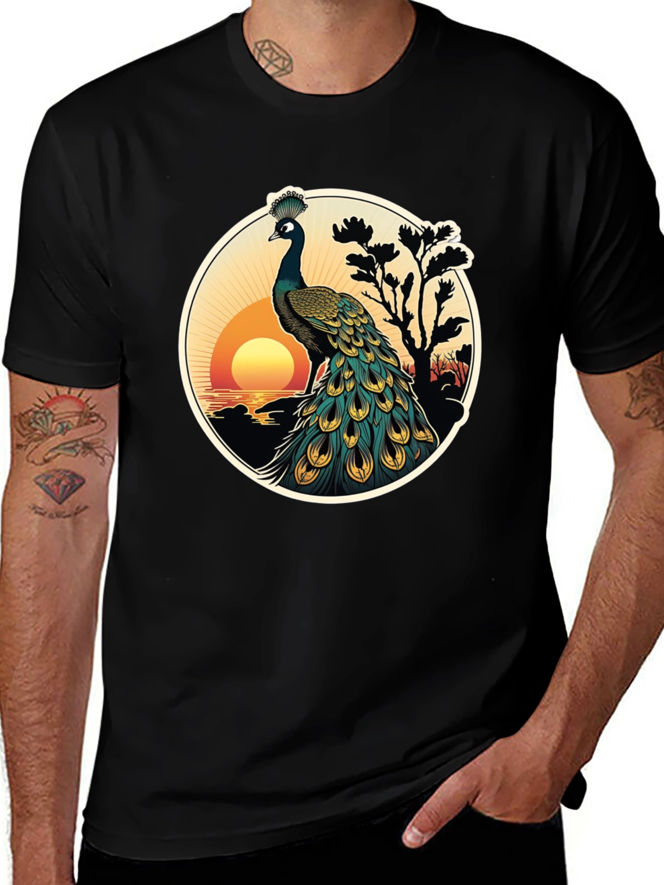 Variant 20 of Peacock Sunset Graphic Tee - Nature Inspired Design